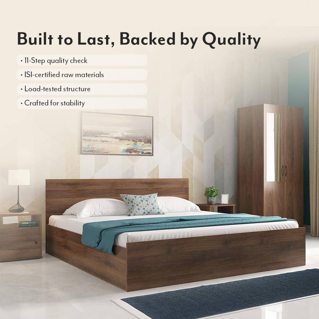 Zoey Engineered Wood King Size Box Storage Bed In Classic Walnut Finish