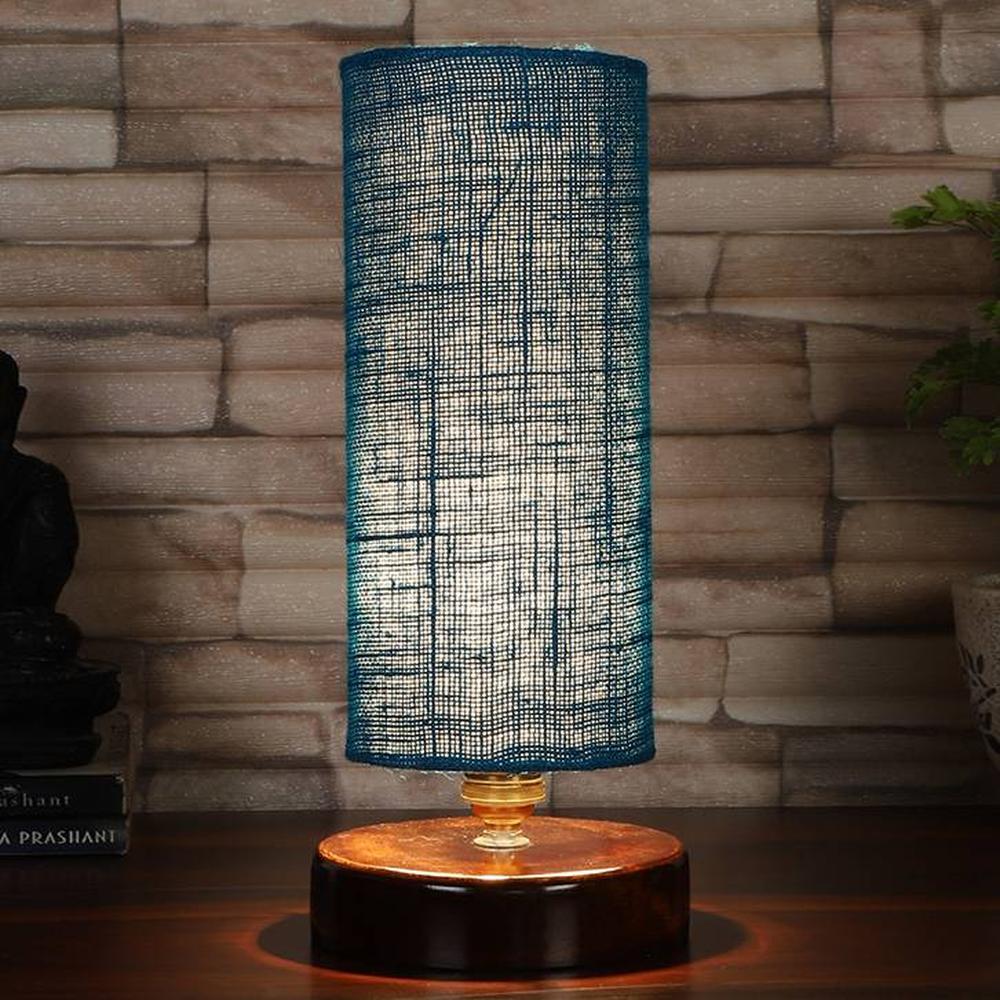 Skeeter Turquoise Jute lamp with brown wood base