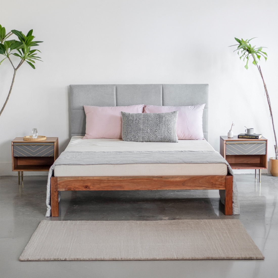 Toshi Solid Wood Queen Non Storage Bed in Grey Colour - Orange Tree