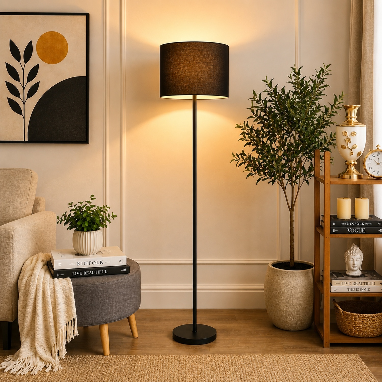 Fionn Black Cotton Floor Lamp with Solid Wood - Pristine Interiors