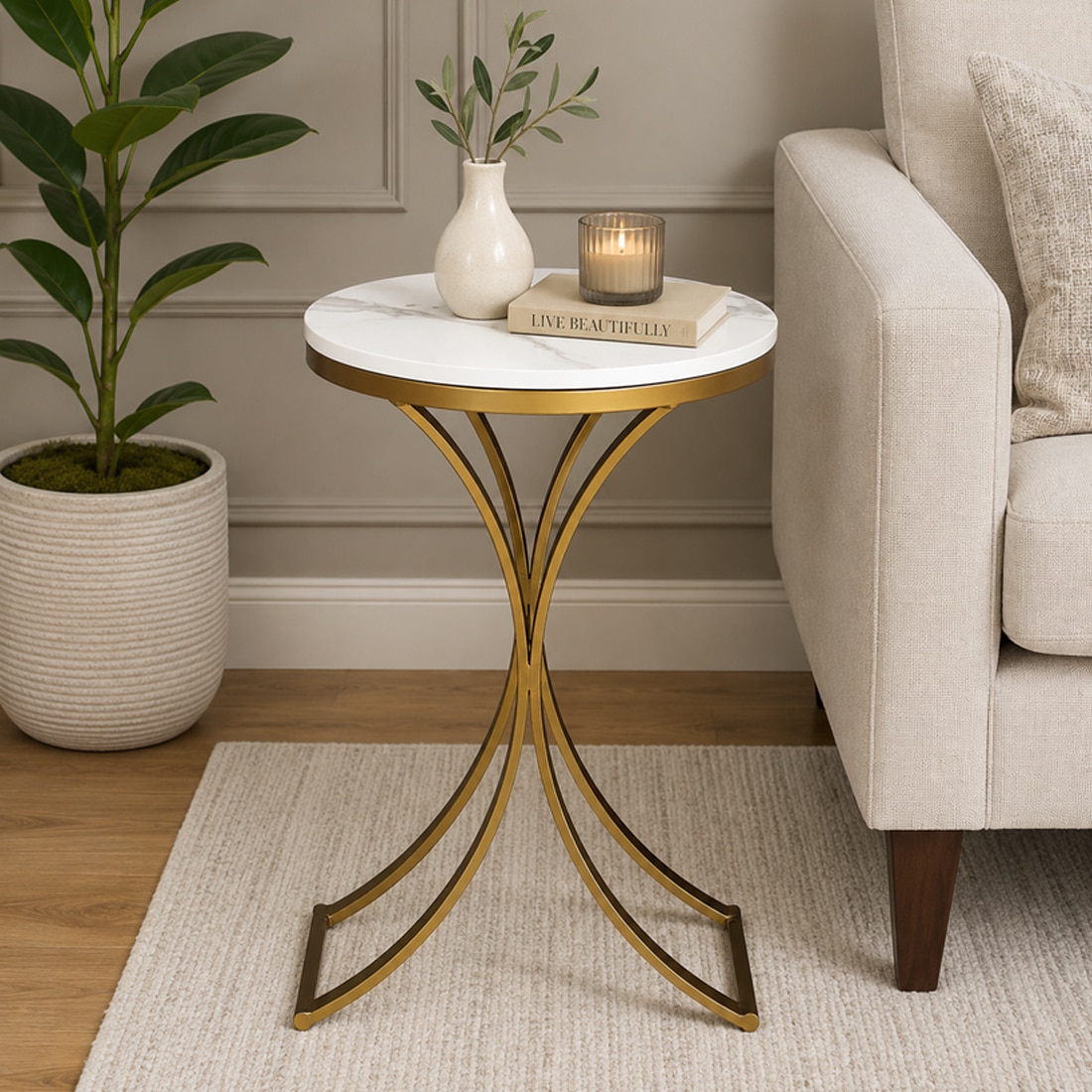 Metalvy White Porcelain Top End Table Gold Finish - Bhavya Exports