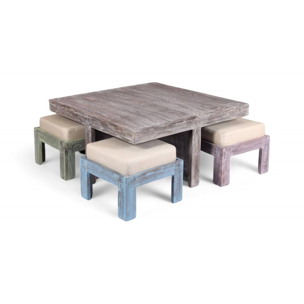 Blane Sheesham Wood Country Side Coffee Table Set With 4 Stools In Antique Multicolour Finish