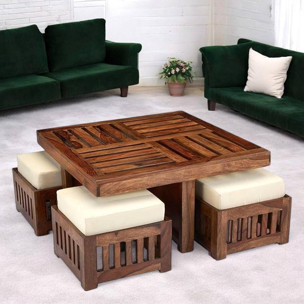 Palladio Sheesham Wood Accent Coffee Table Set With 4 Stools In Natural Teak Finish