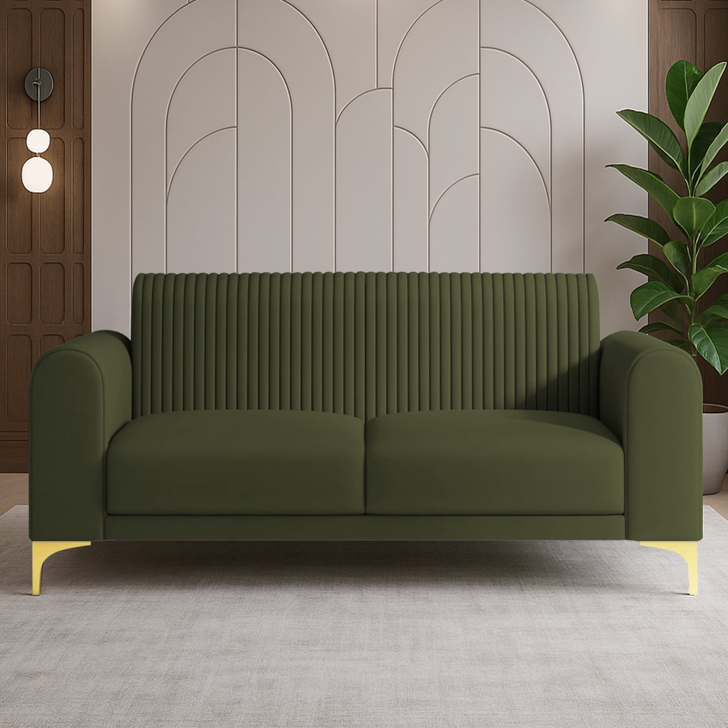 Veniza Velvet 2 Seater Sofa In Olive Green Colour