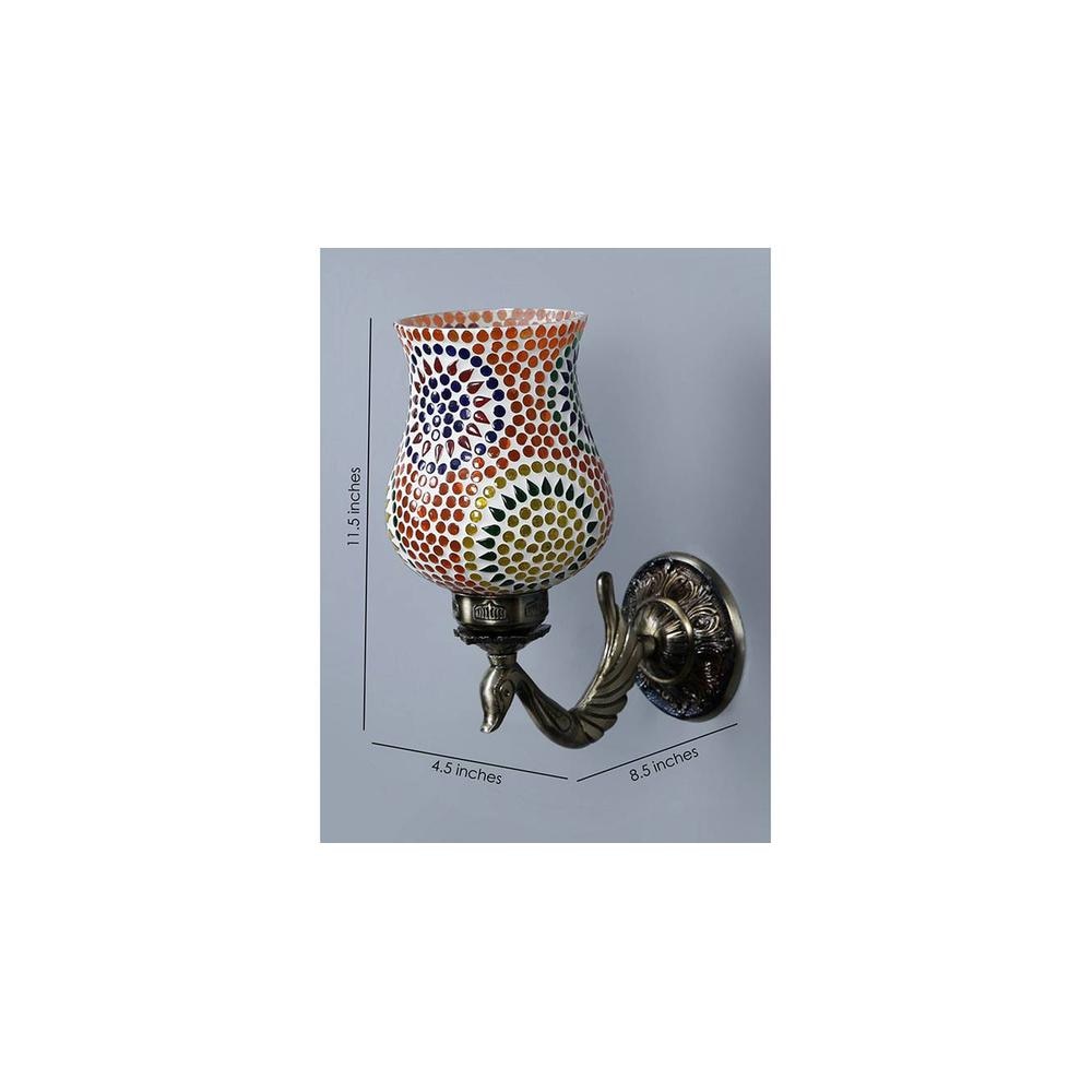Banjo Antique Metal Peacock Wall Lamp with Multicolor Mosaic Glass