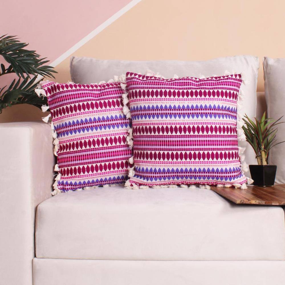 Acrylic Striped Cushion Cover with Lace Set of 2 (16 X 16 Inches)