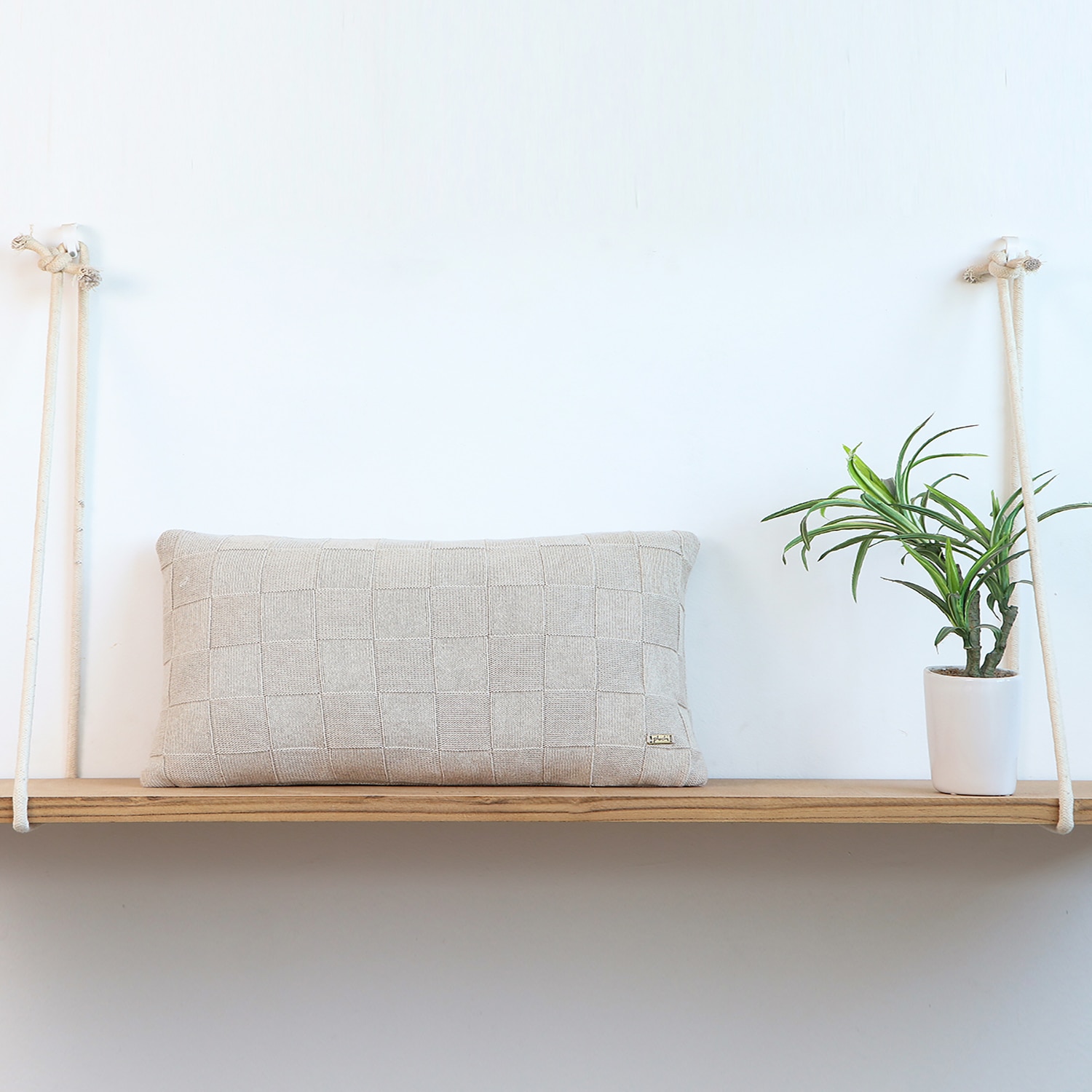 Square Check Beige Cotton Knitted Cushion Cover 12X20 Inches