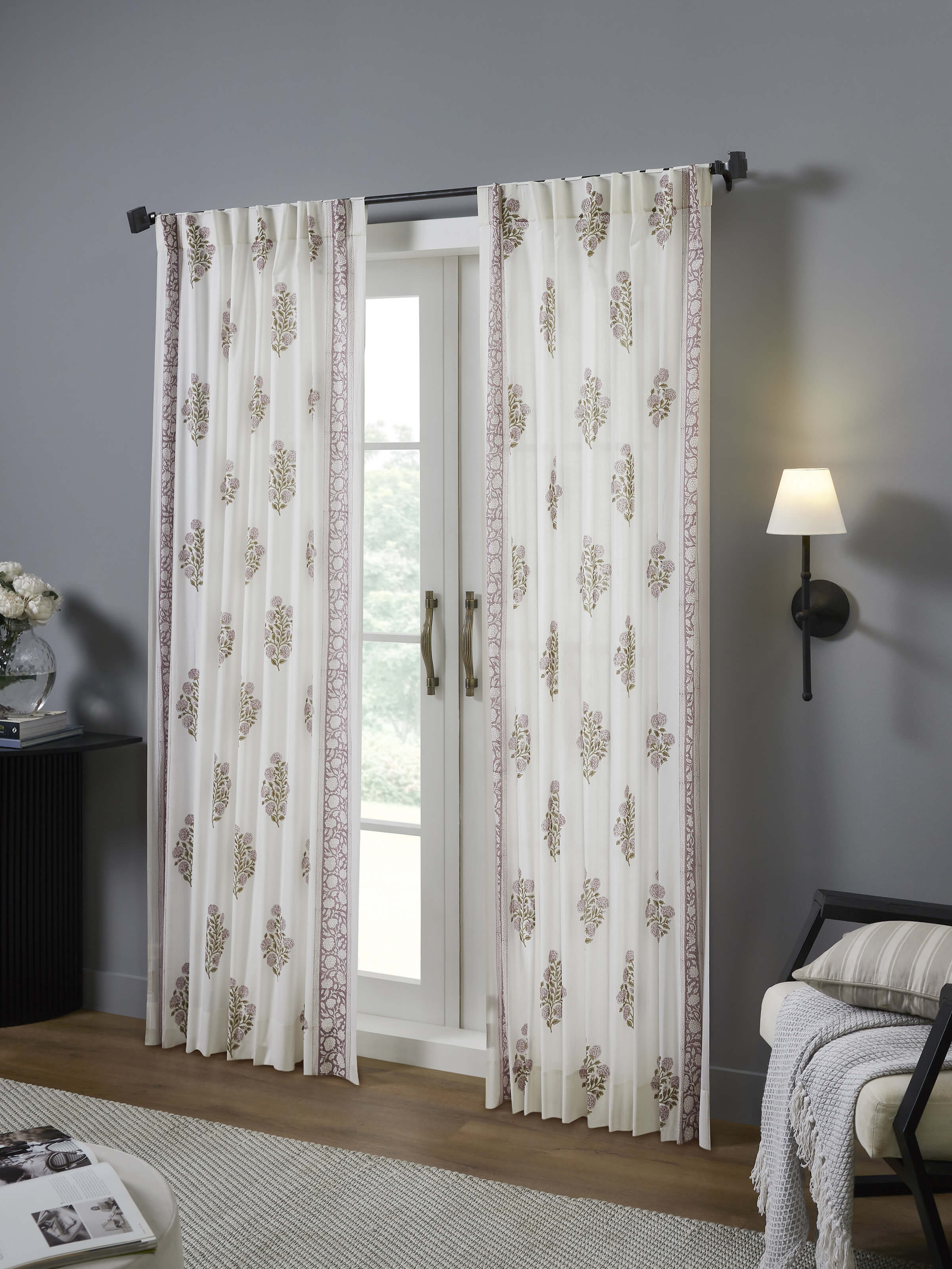 Saha Lavender Floral Cotton Sanganeri Hand Block Printed Curtain (7 Ft)