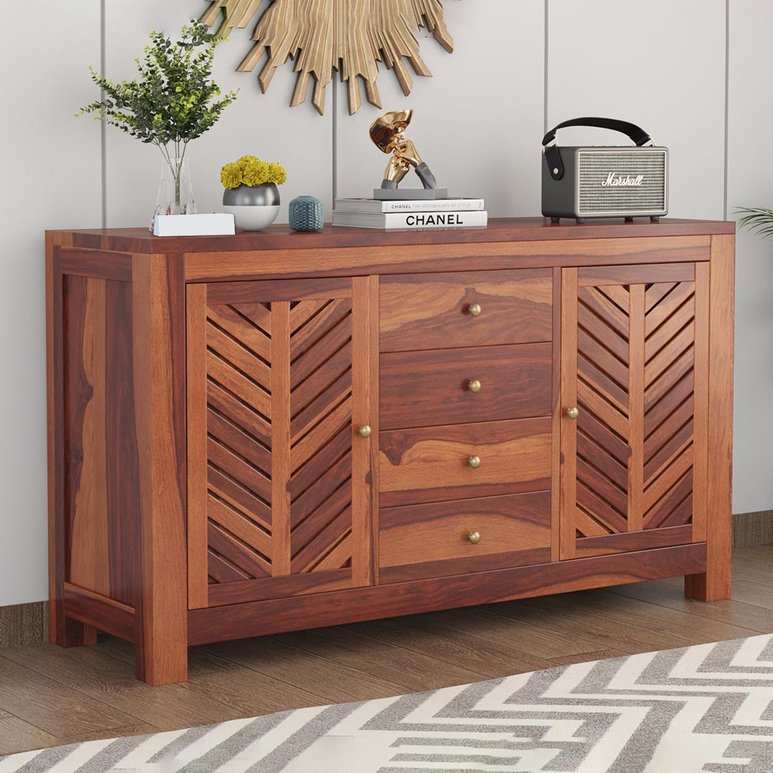 Alacca Sheesham Wood Sideboard In Honey Oak  Finish - Woodenmood