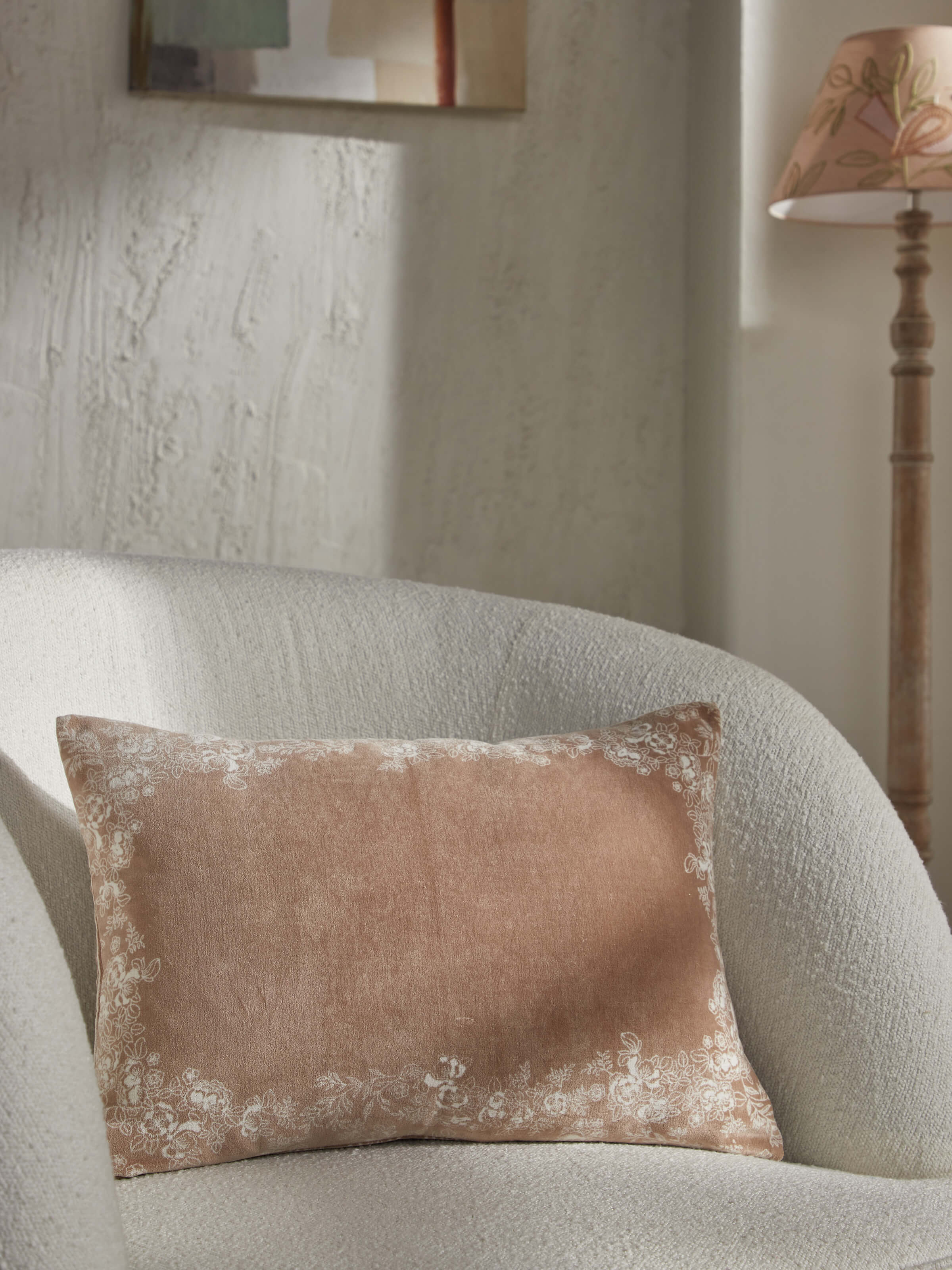 Shivranjini Beige Floral Cotton Velvet Sanganeri Hand Block Printed Lumbar Cushion Cover