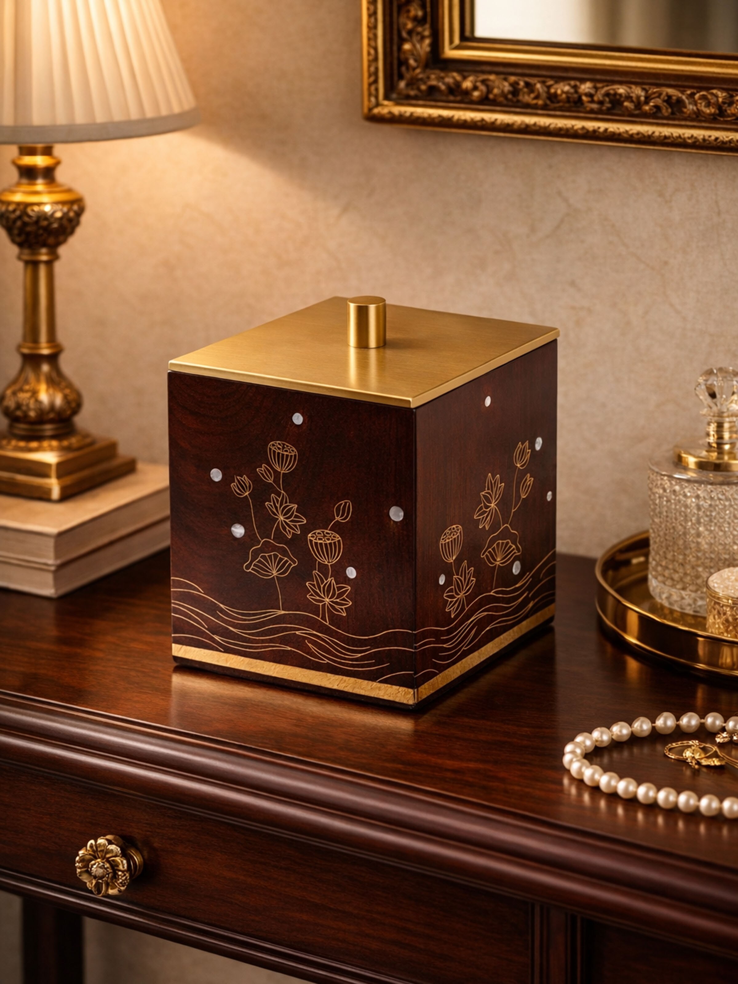 Kamal Tarkashi Teak Wood Cotton Jar