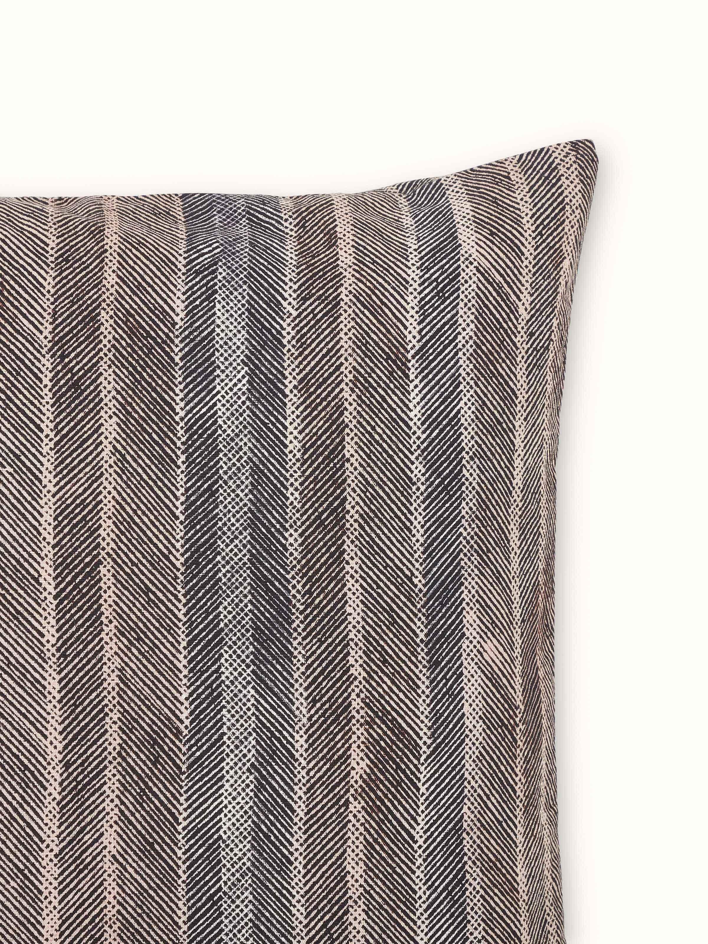 Alternate angle of Parvat cushion cover emphasizing block printed design and natural texture.
