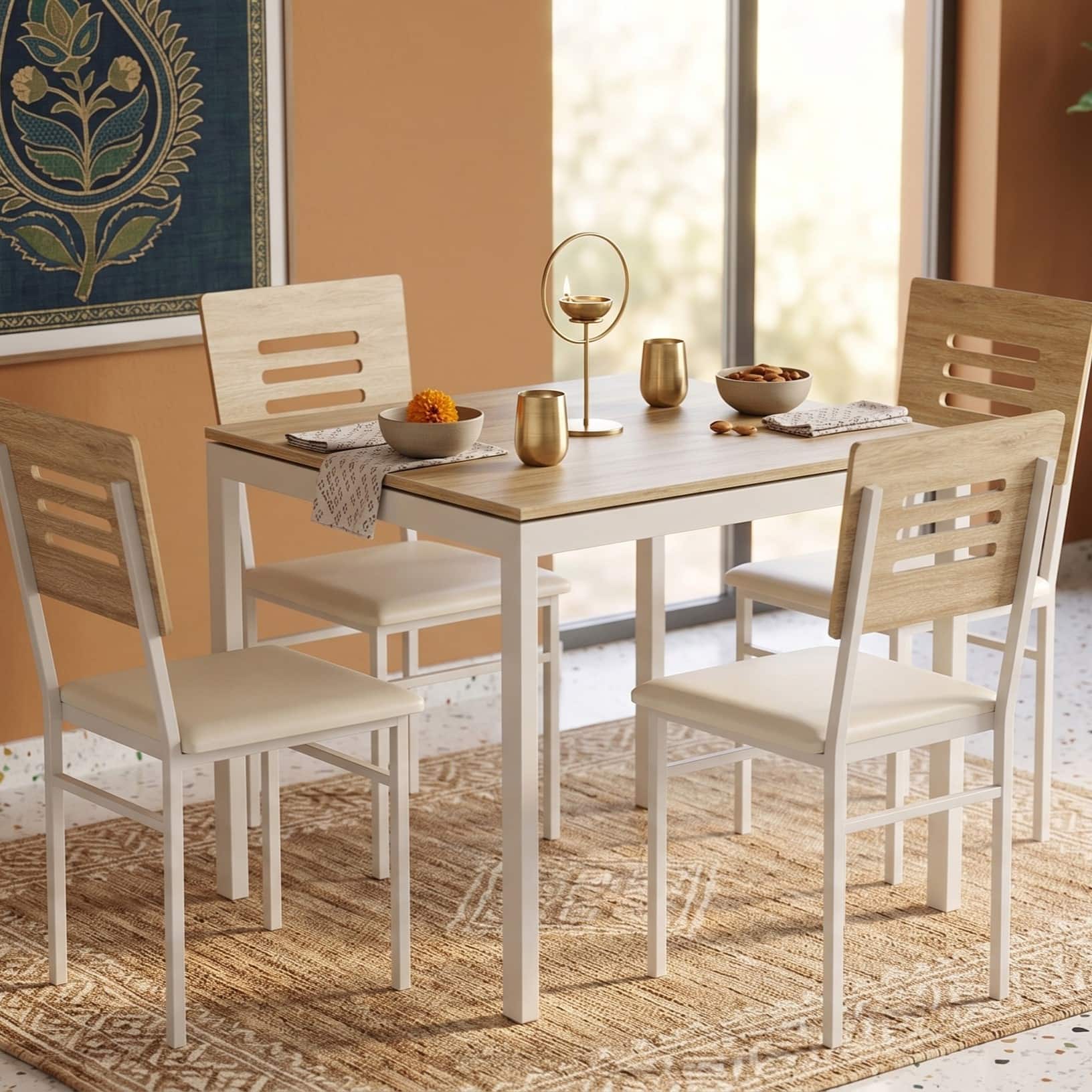Holven 4 Seater Sqaure Dining Table Set with Chair European oak & white