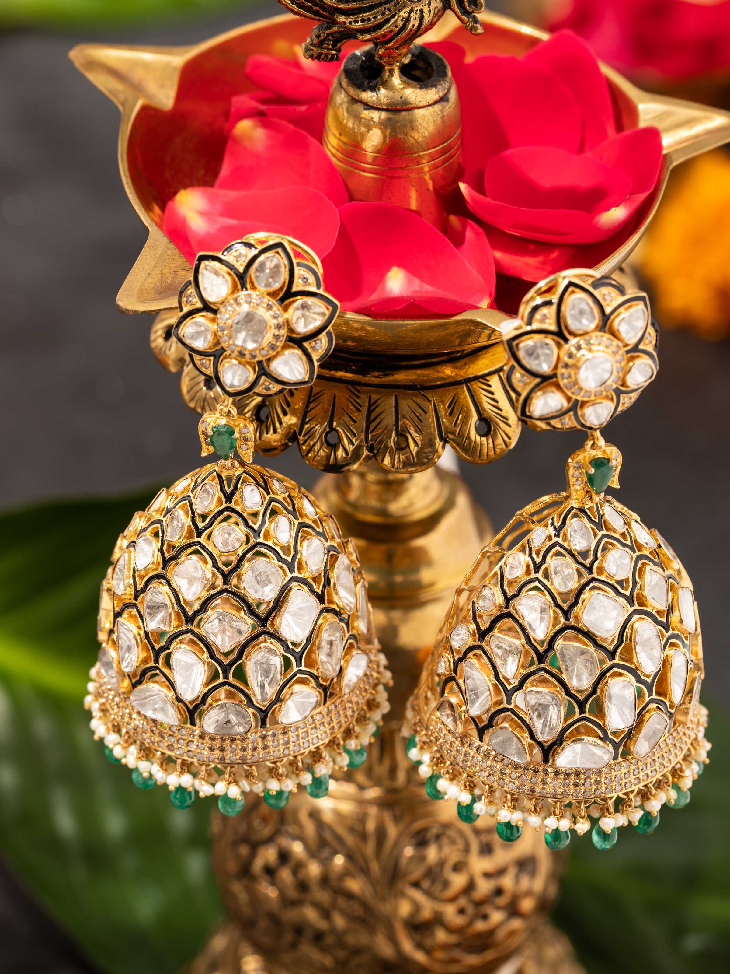 Dank Polki 14 Karat Gold Jhumkas