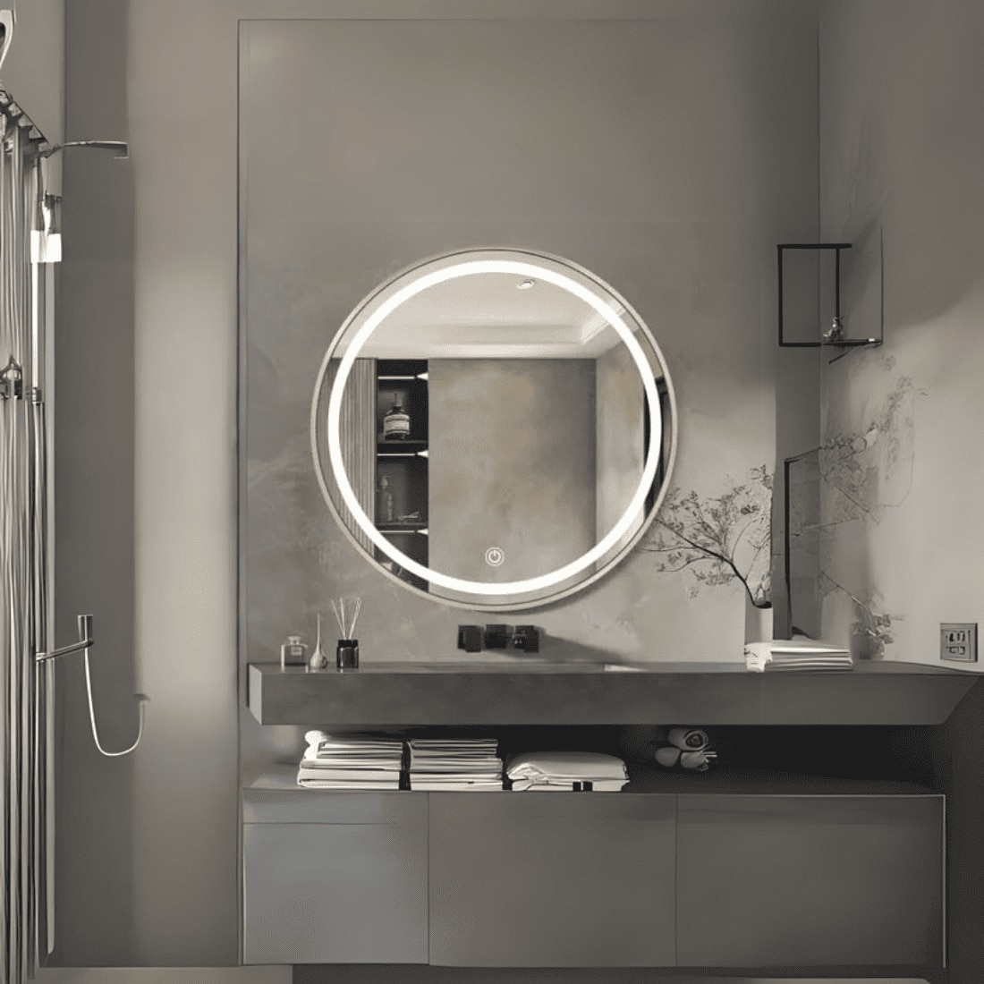 Round LED Mirror with Gold Aluminium Frame Modern Circular Vanity Mirror