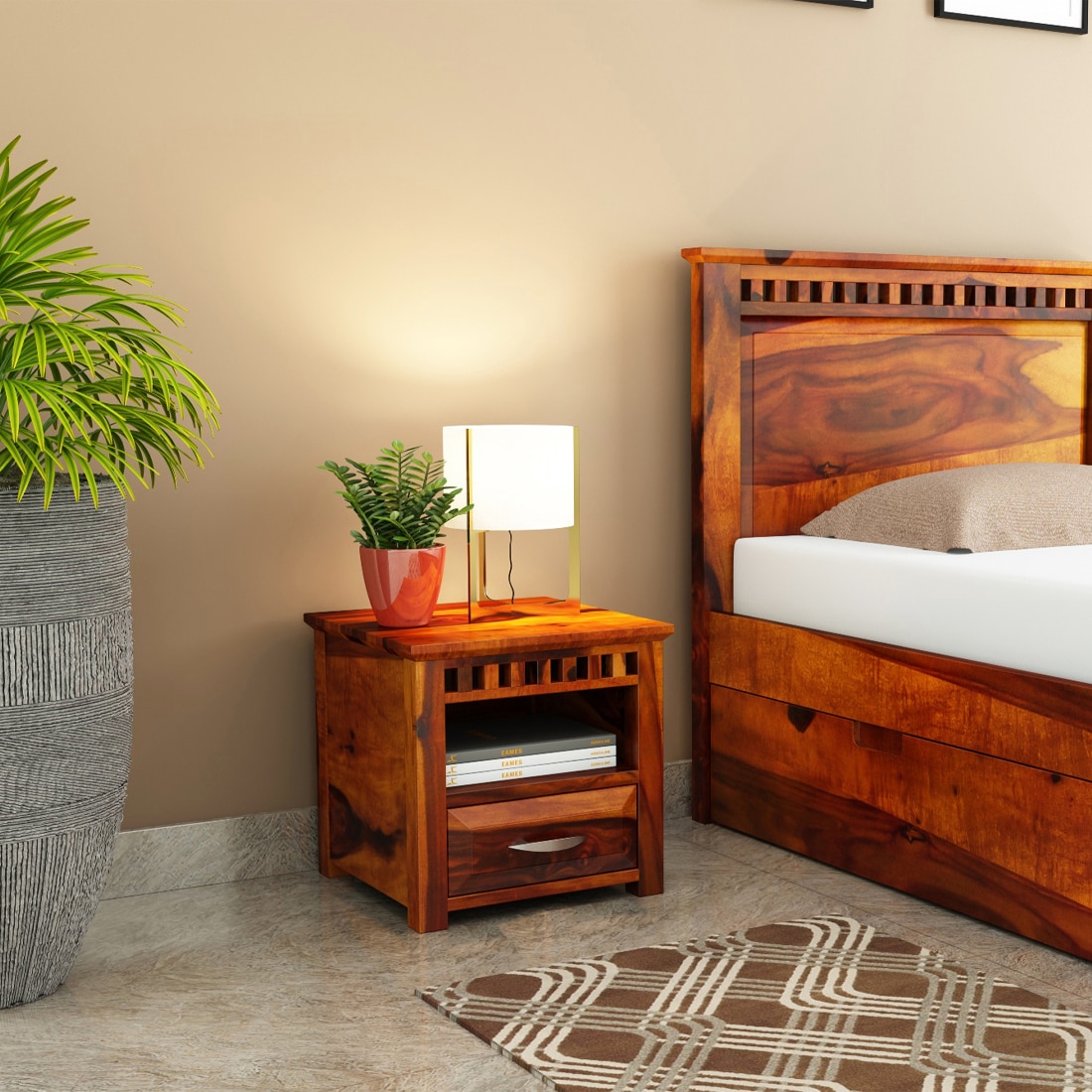 Prashiv Solid Wood Bedside Table in Honey Finish