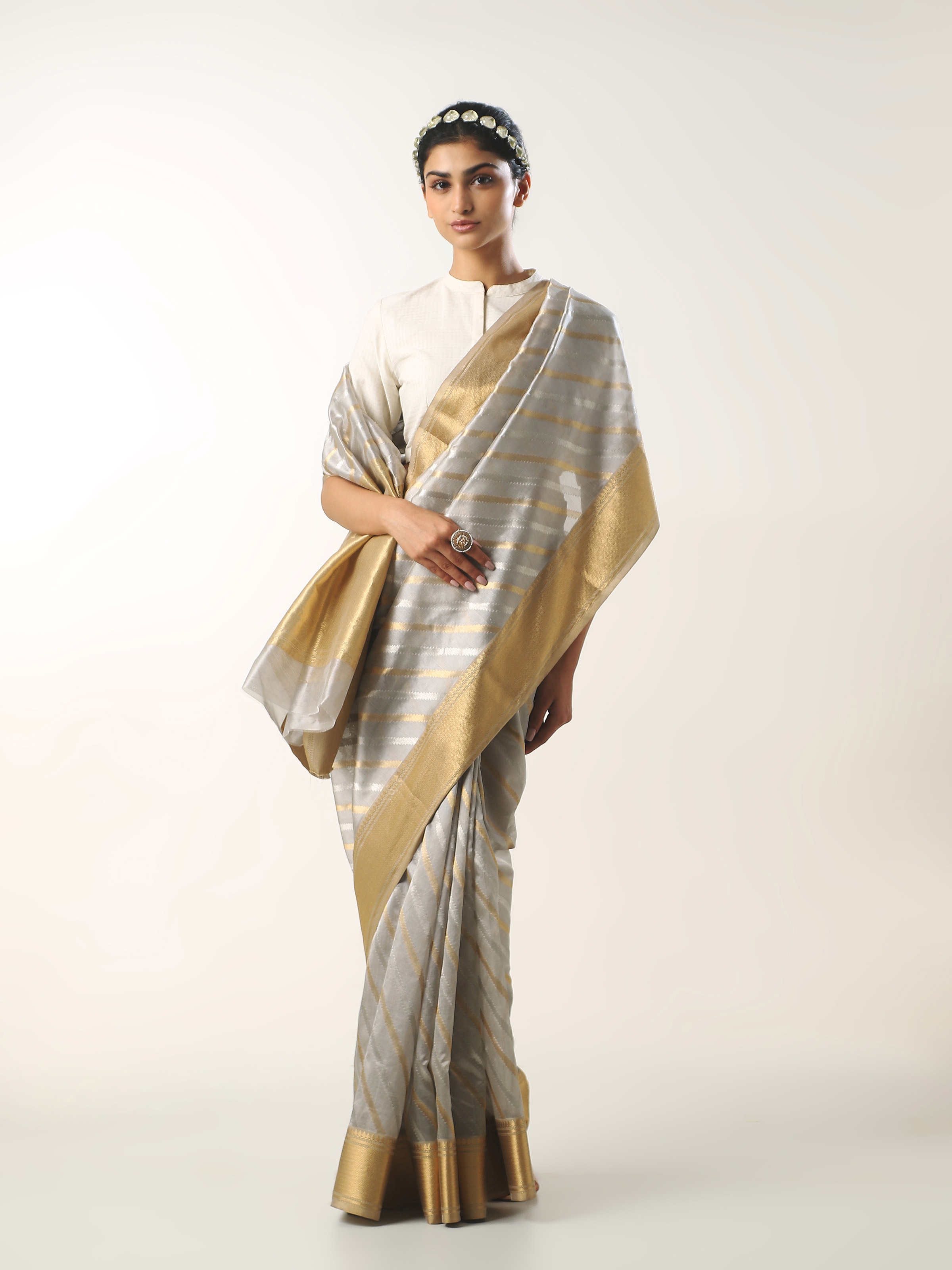 Side view of grey cotton silk Chanderi saree highlighting lightweight drape
