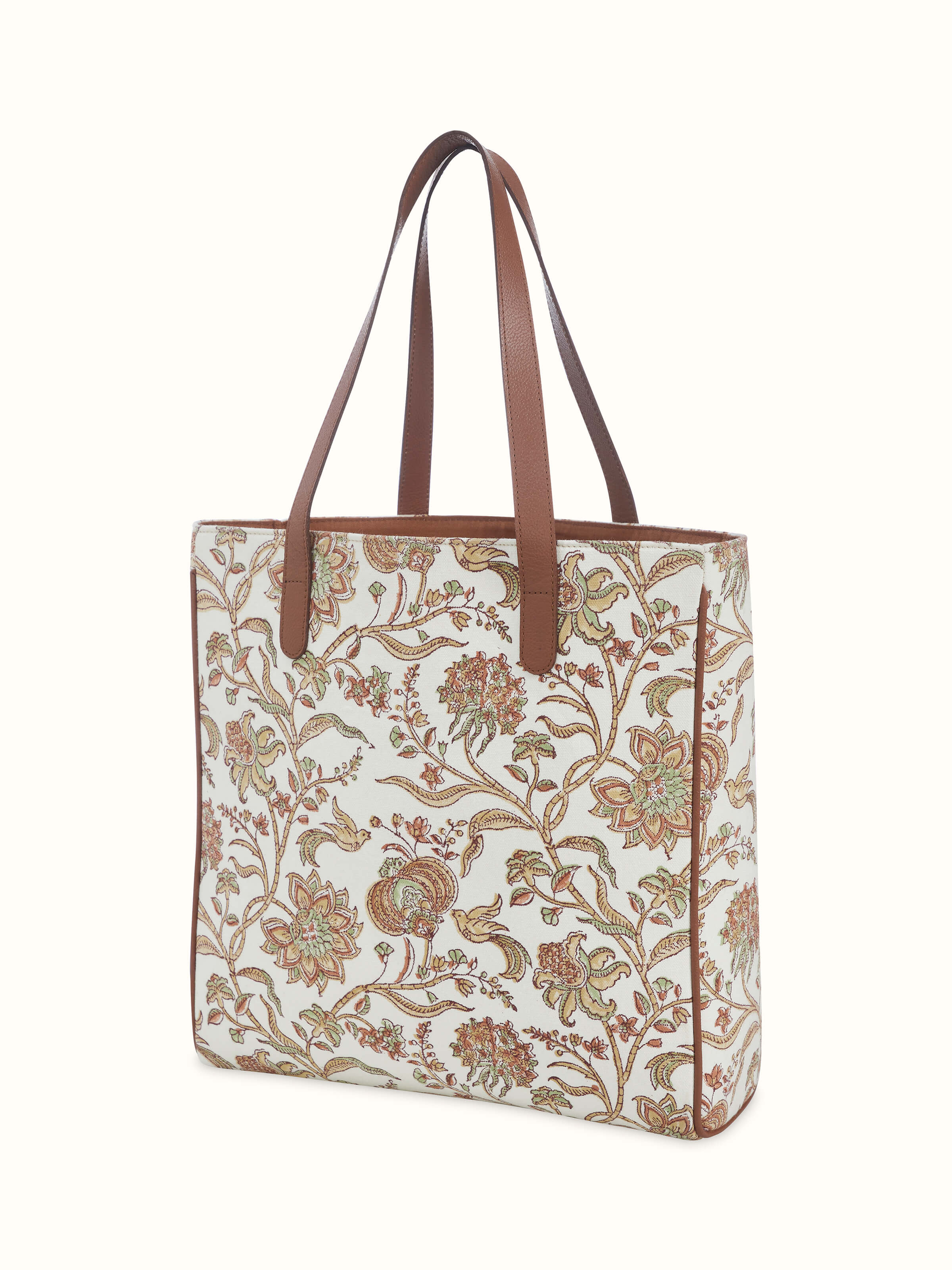 Detail close-up of Leather & Textile Hand Block Printed Tote Bag showing artisan craftsmanship on textile panel.