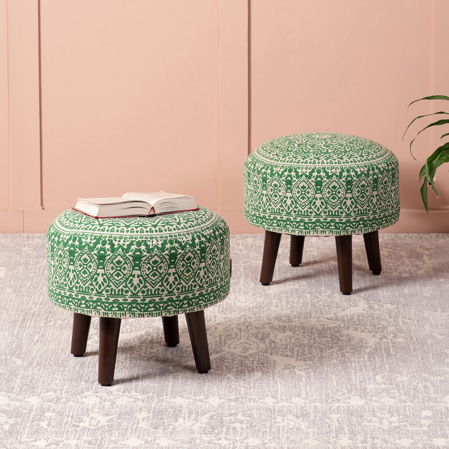 Mandala Fabric Wooden Ottoman in Green Color Set of 2 - Nestroots