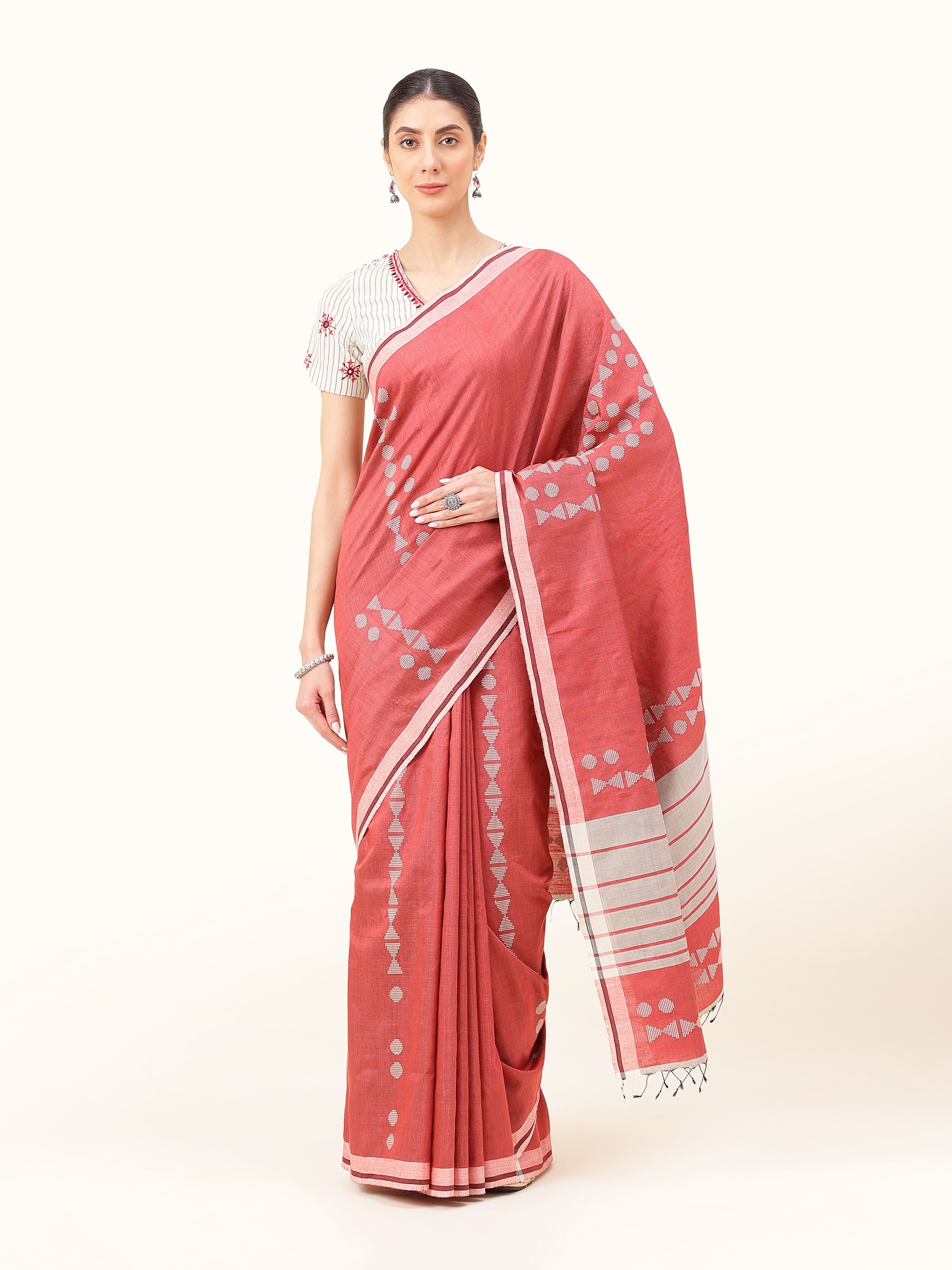 Front view of Maroon Silk Extra-weft Saree showcasing deep maroon silk with fine extra-weft weaving.