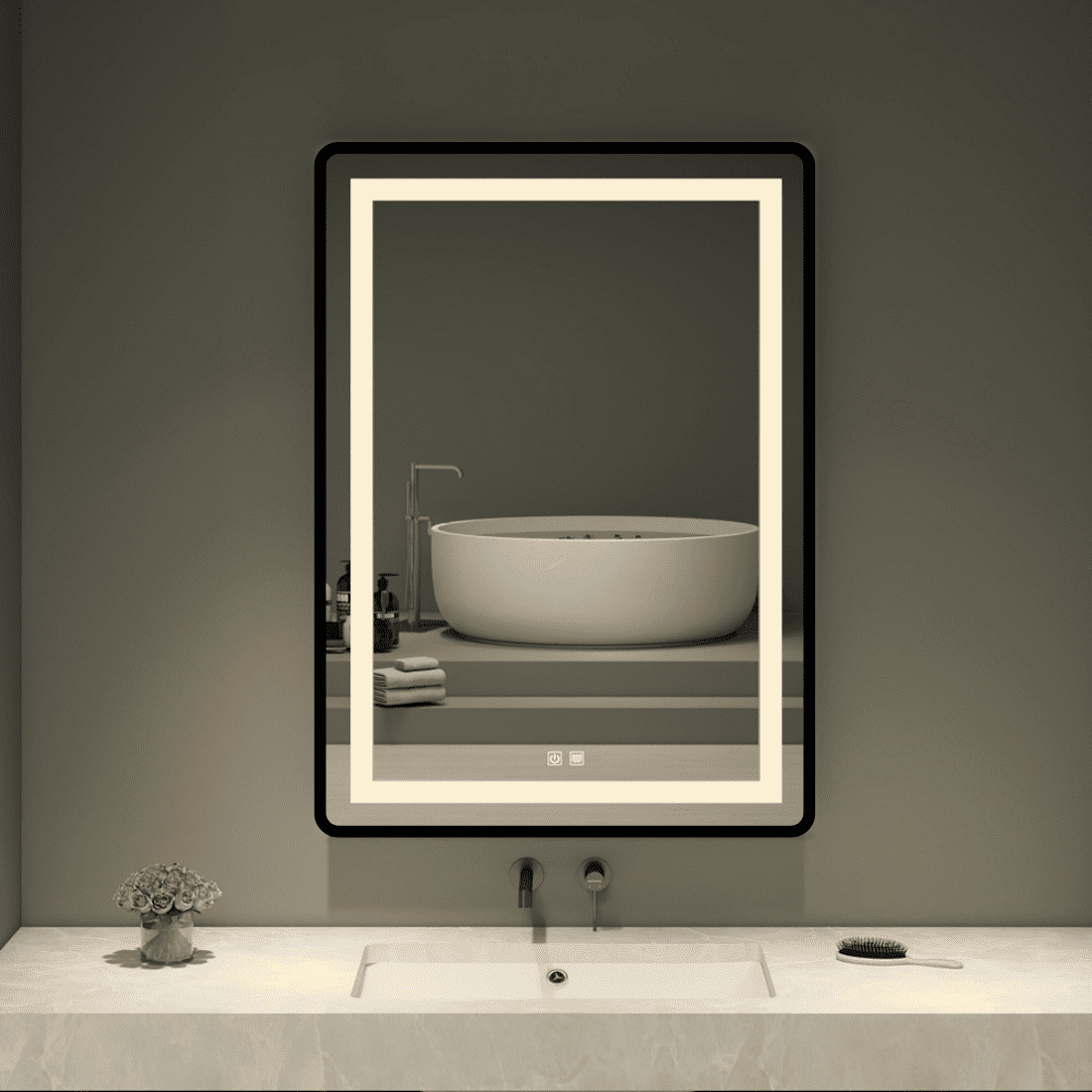 Modern Rectangular LED Mirror Black Stainless Steel Frame with Shelving