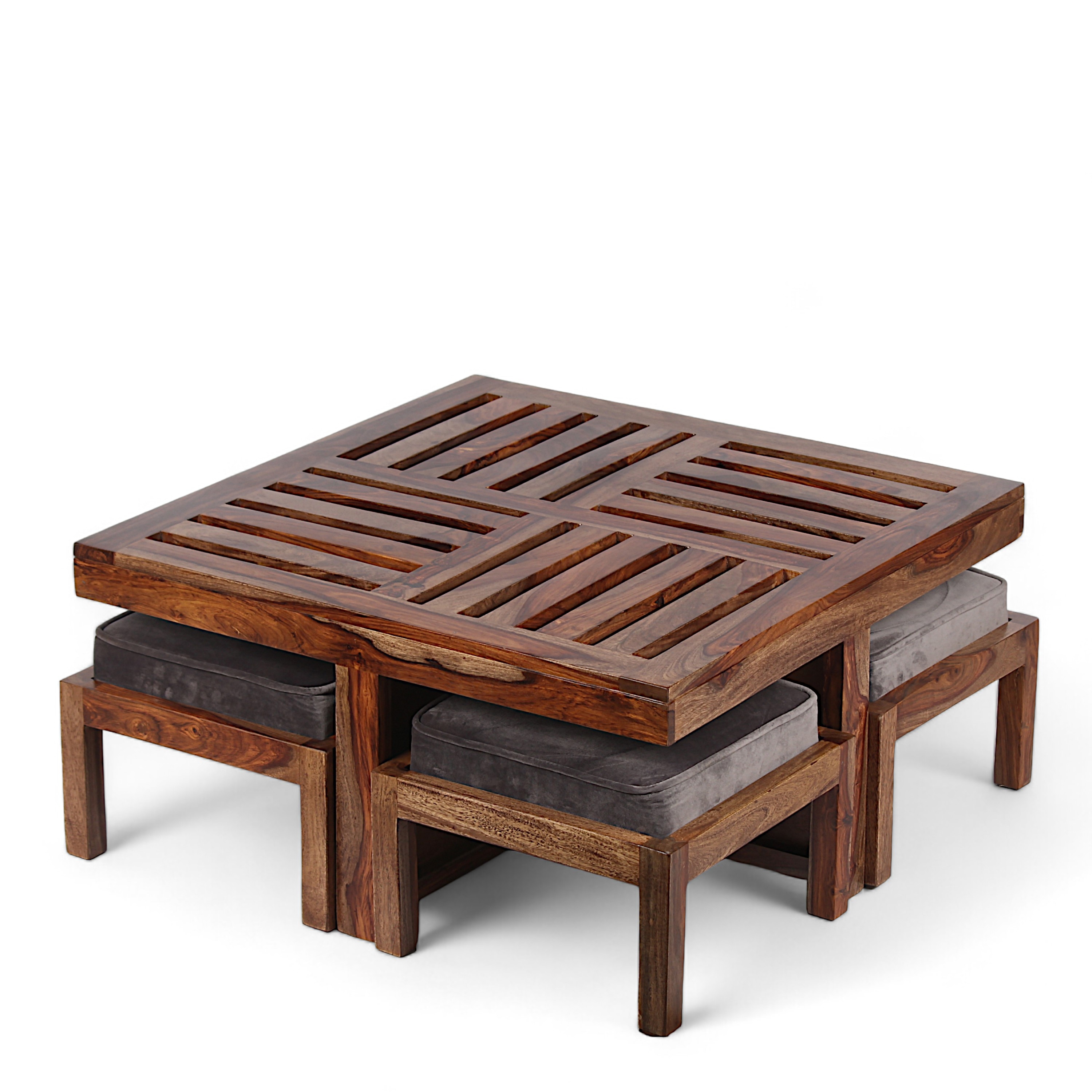 Palladio Sheesham Wood Coffee Table With 4 Stools Set In Teak Finish & Iron Grey Velvet Fabric Cushions