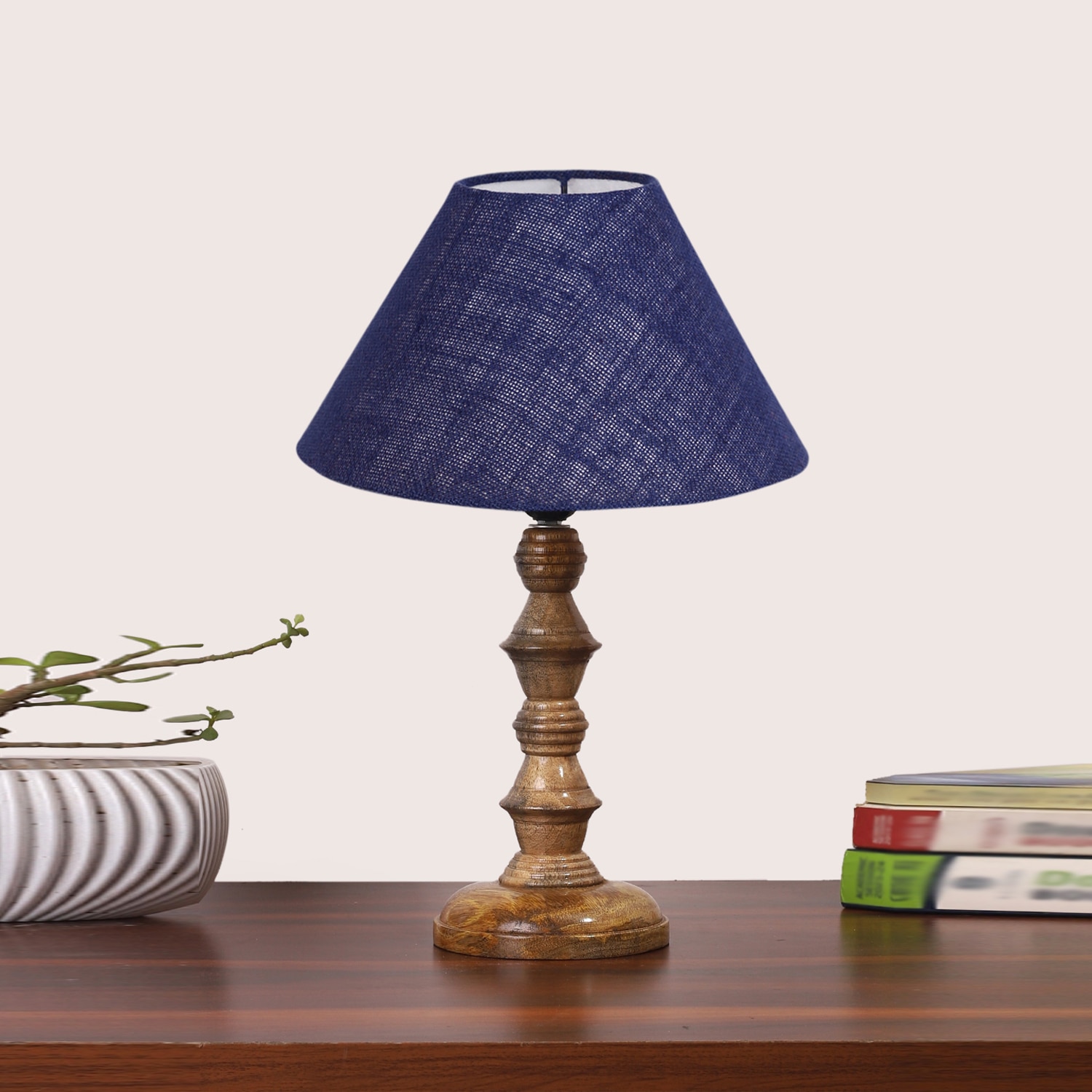 Devansh Blue Jute Table Lamp With Wood Natural Base (10X10X16) Inches)-37