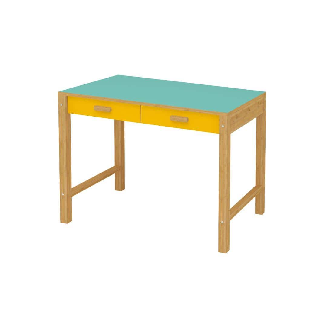 Exotica Kids Solid Wood Study Desk with Drawers and Wooden Handles in Misty Turquoise Mango Yellow Colour
