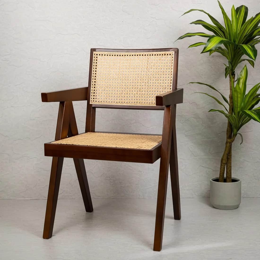 Rita Solid Wood Rattan Caning Accent Chair In Teak Finish - Demiwall