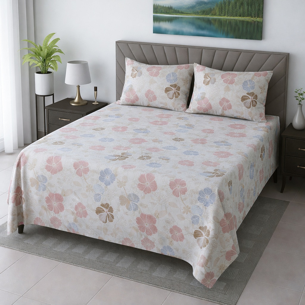 Suri White Floral 400 TC Cotton Flat Queen Size Bedsheet with 2 Pillow Covers – Threads - Threads