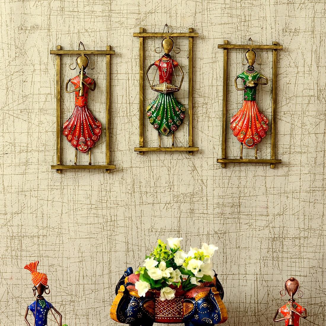 Desert Art Metal Handpainted Lady Musician Wall Hanging Set of 3 in Green Colour - Desert Art