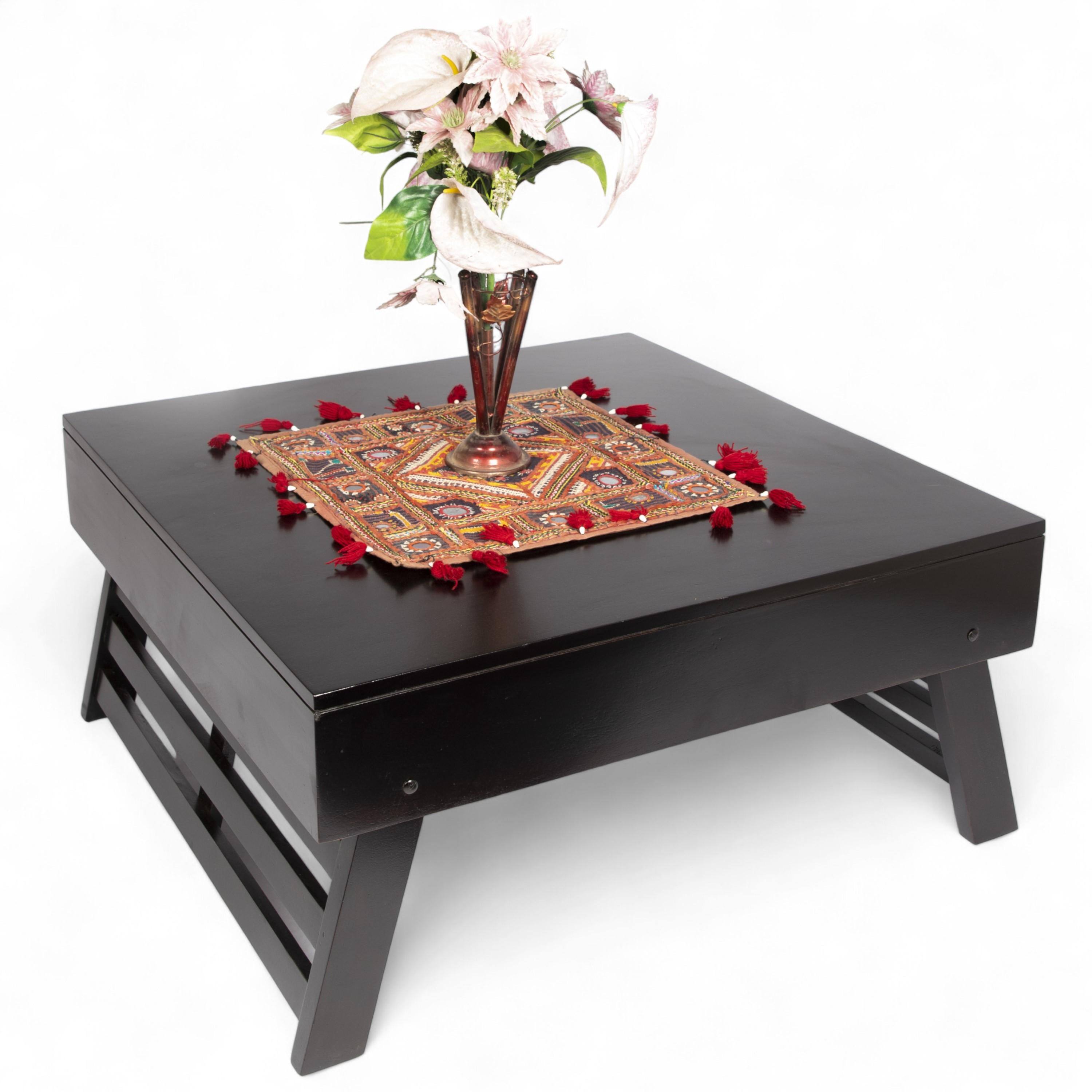 Bradford Sheesham Wood Contemporary Square Foldable Coffee Table In Extra Dark Mahagony Finish