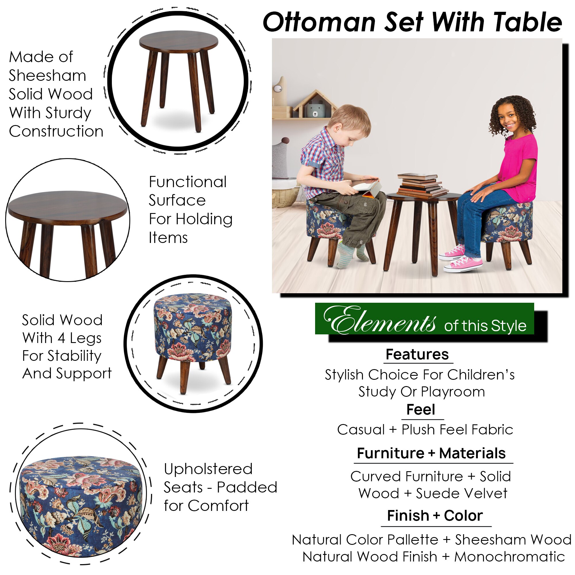 Josiah Solid Wood  Ottomon in  Blue Colour