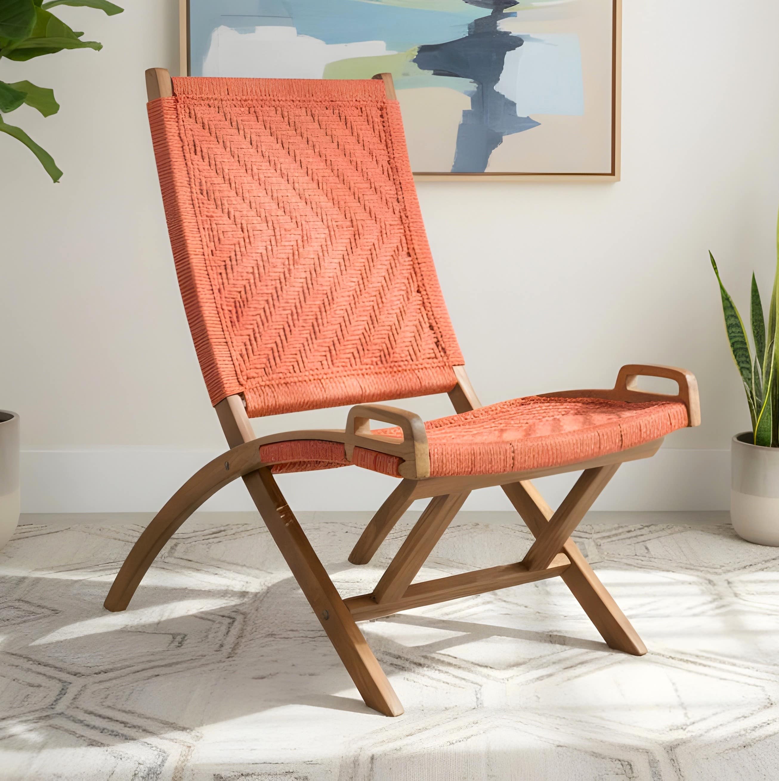 NatWest Sheesham Wood Vintage Balcony Chair in Orange Rope Canning