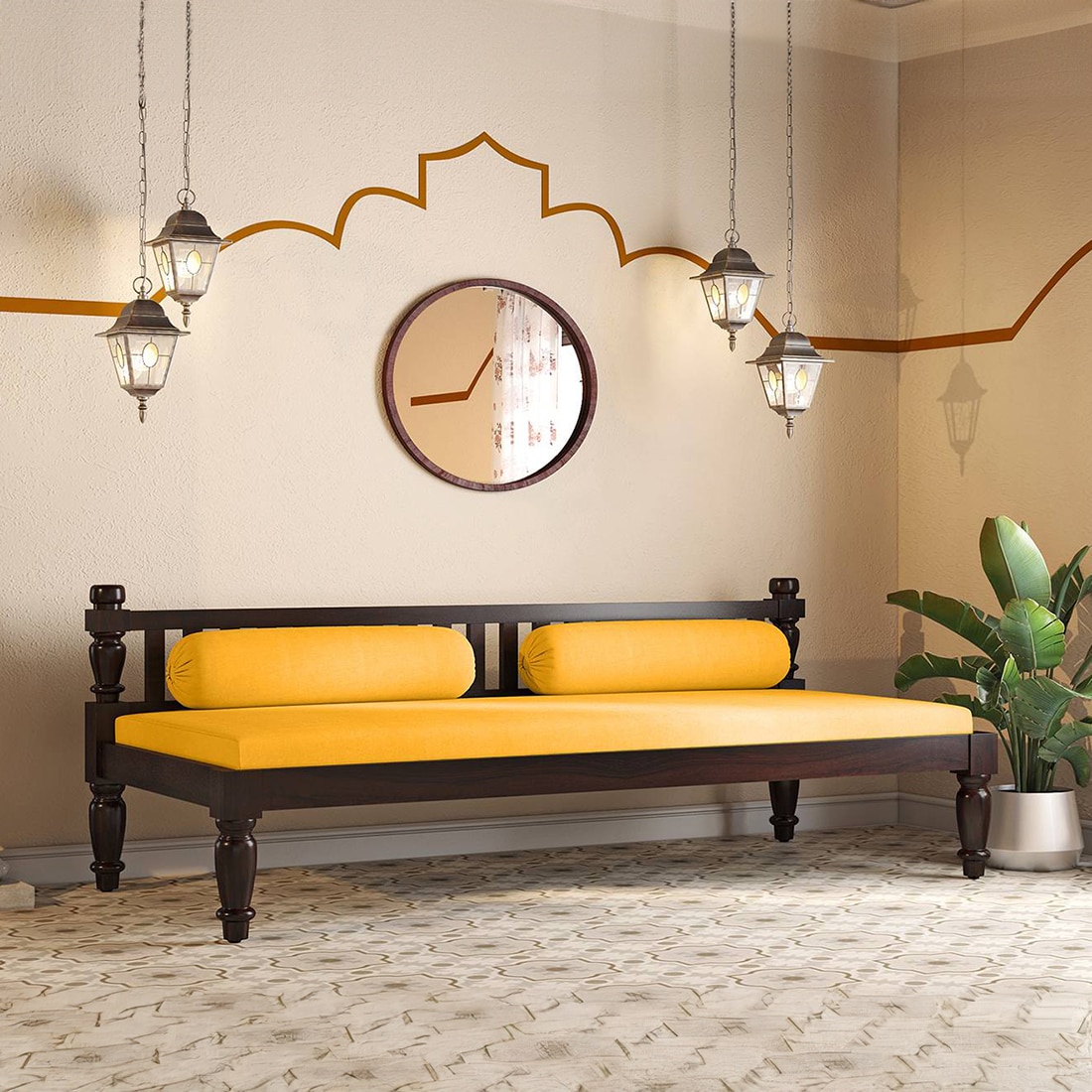 Emma Diwan in Mahogany Finish with Matte Mustard Yellow Fabric Colour