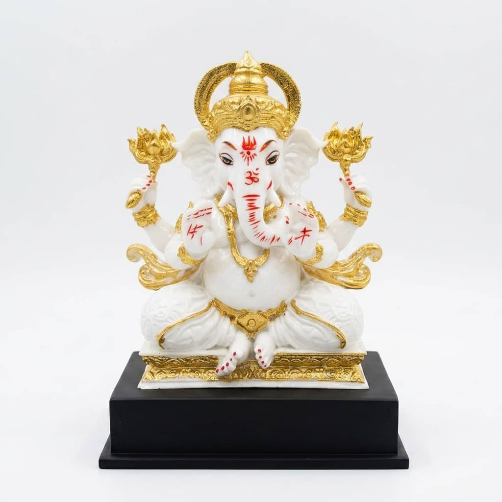 Devotional Lotus Grace Ganesha Statue in White and Gold Colour - Vedas