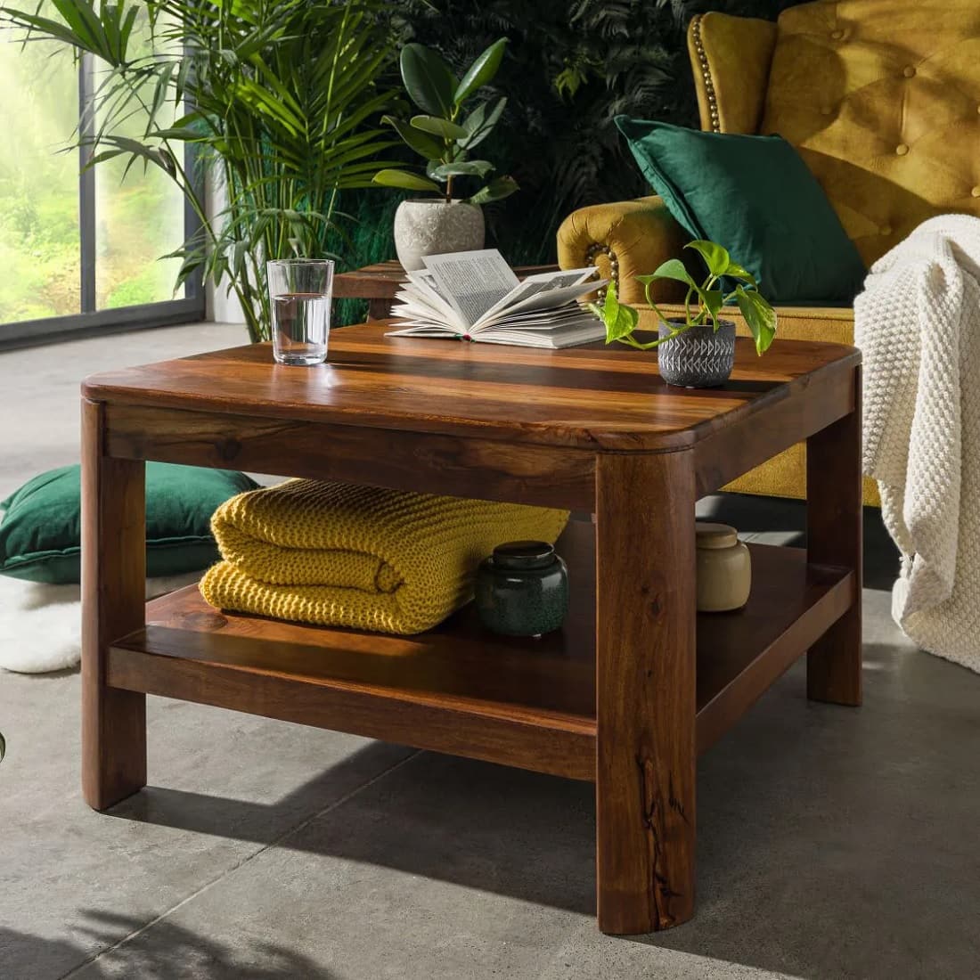 Dolji Solid Sheesham Wood Coffee Table In Provincial Teak Finish - Demiwall