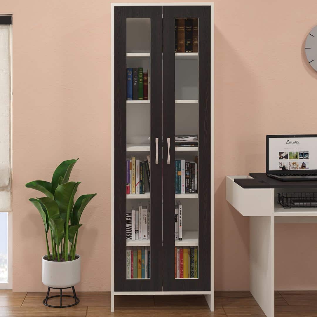 Atlanta Tall Crockery cum Bookshelf Cabinet with Toughened Glass Shutters in Antique Ebony Colour