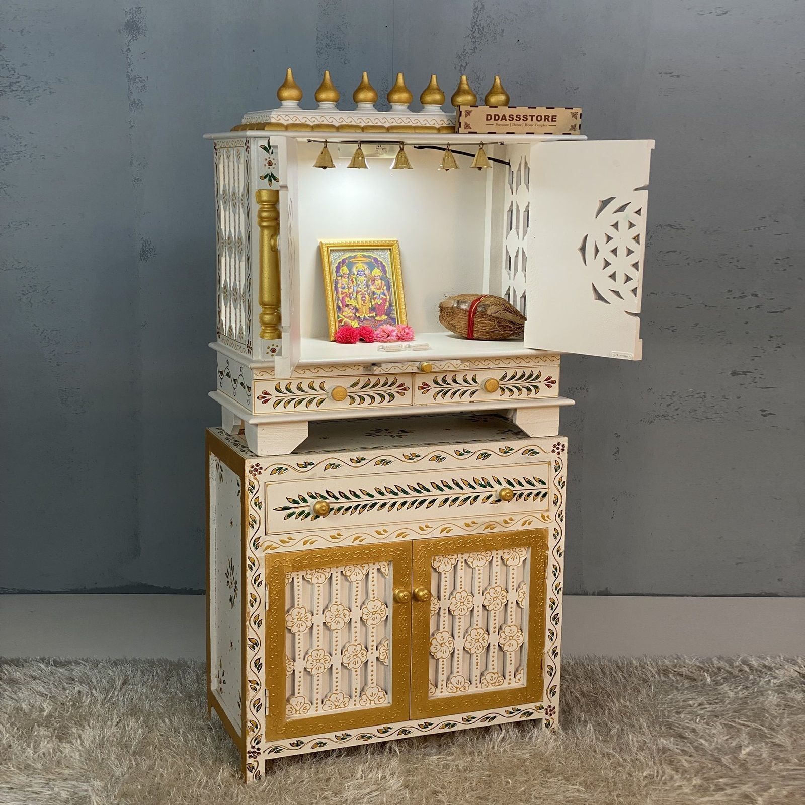 D'Dass Red Mdf and Sheesham Wooden Temple  With Cabinet For Pooja - D'DASS