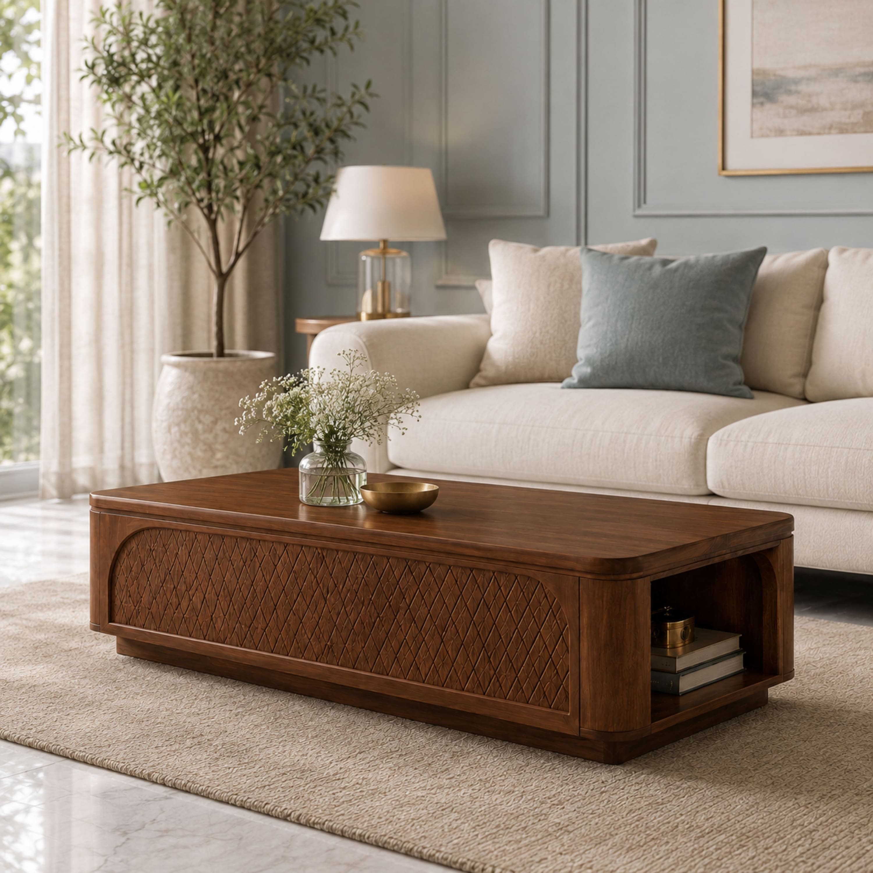 Rothwell Sheesham Wood Diamond Carved Coffee Table in Walnut Finish - Globally Indian