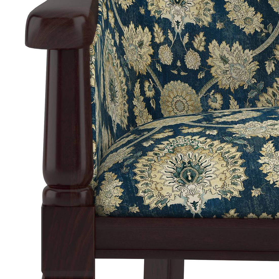 Florence ArmChair in Blue Floral Damask and Mahogany Finish