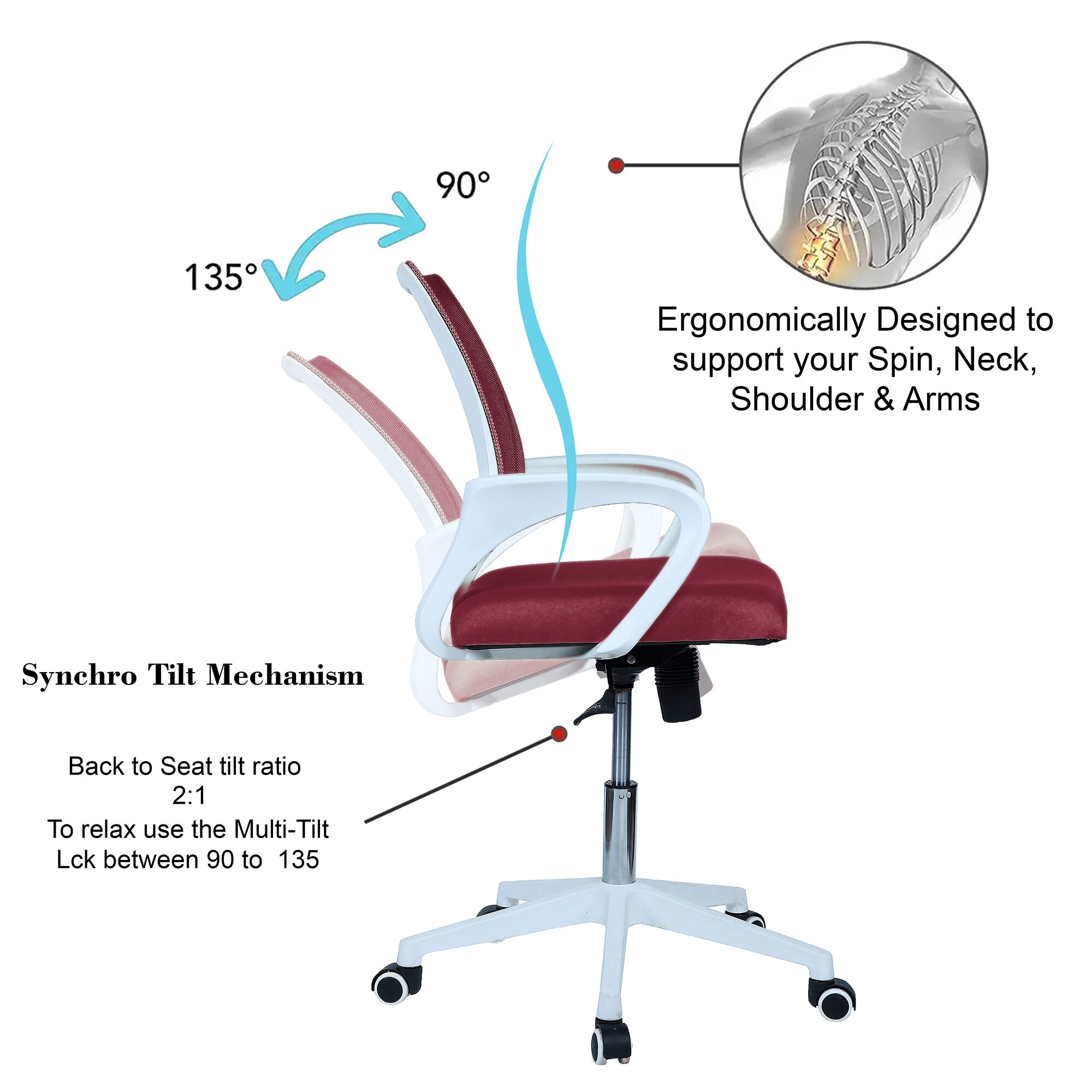 Naamikoa Mid Back Ergonomic Chair in Maroon Colour