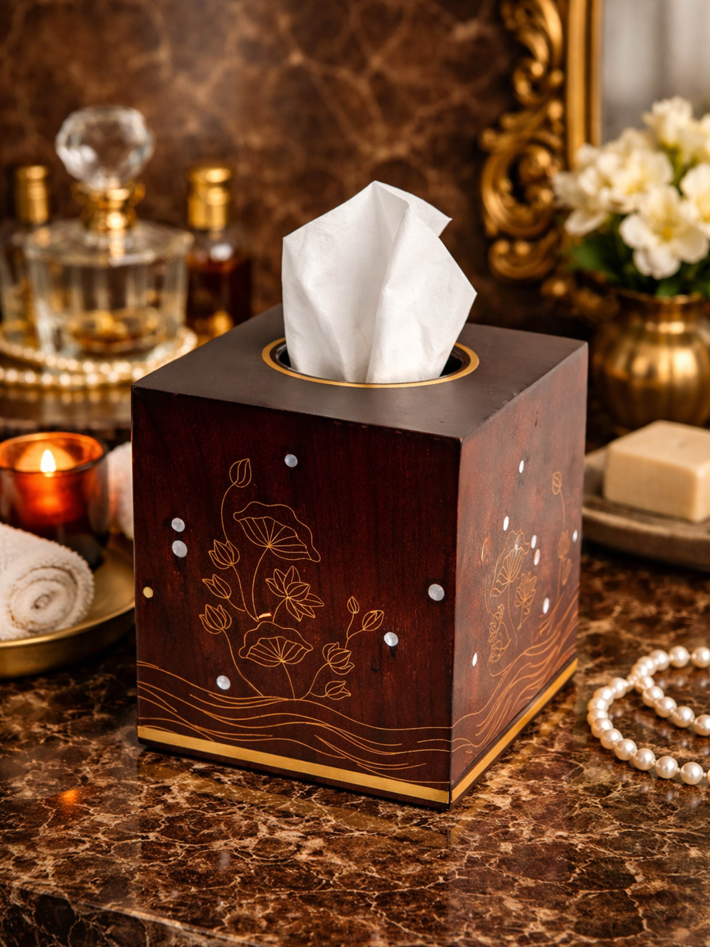 Kamal Tarkashi Teak Wood Square Tissue Box