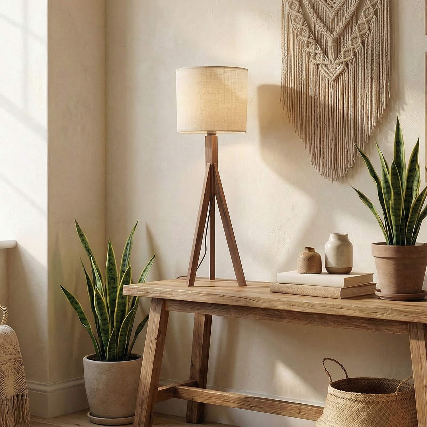 Triune Brown Wooden Table Lamp with White Printed Lampshade - Symplify