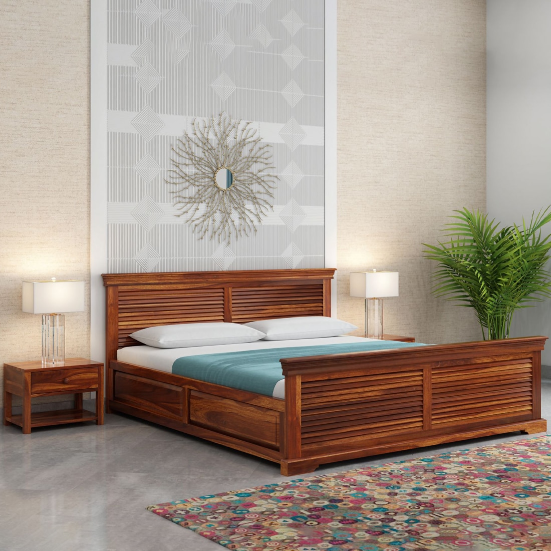 Hearti Sheesham Wood King Size Bed In Teak Finish With Box Storage (72 x 78 inches)
