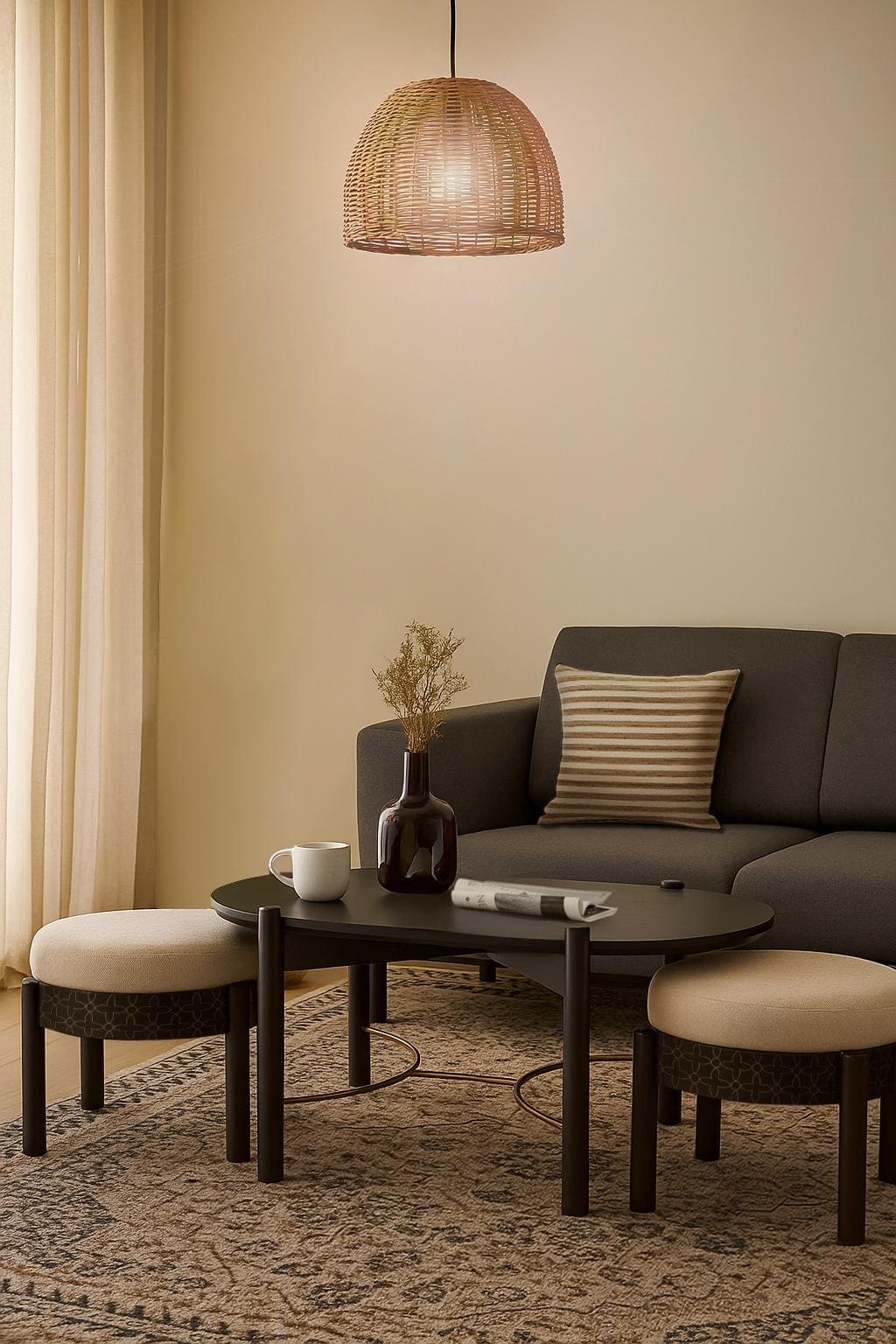 Sheesham Wood & Brass Tarkashi Coffee Table Set (3Pcs)