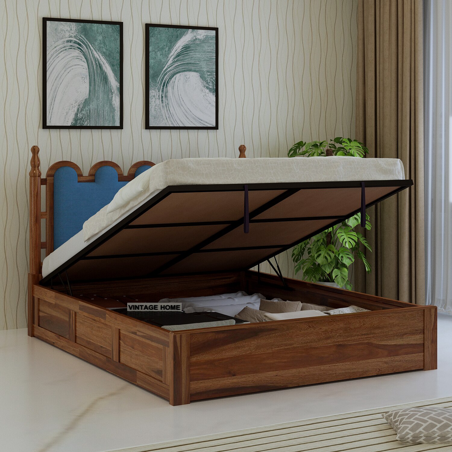 vintage home Heritage Sheesham Wood King Size Bed With Hydraulic Storage in Provincial Teak Finish-picture-12