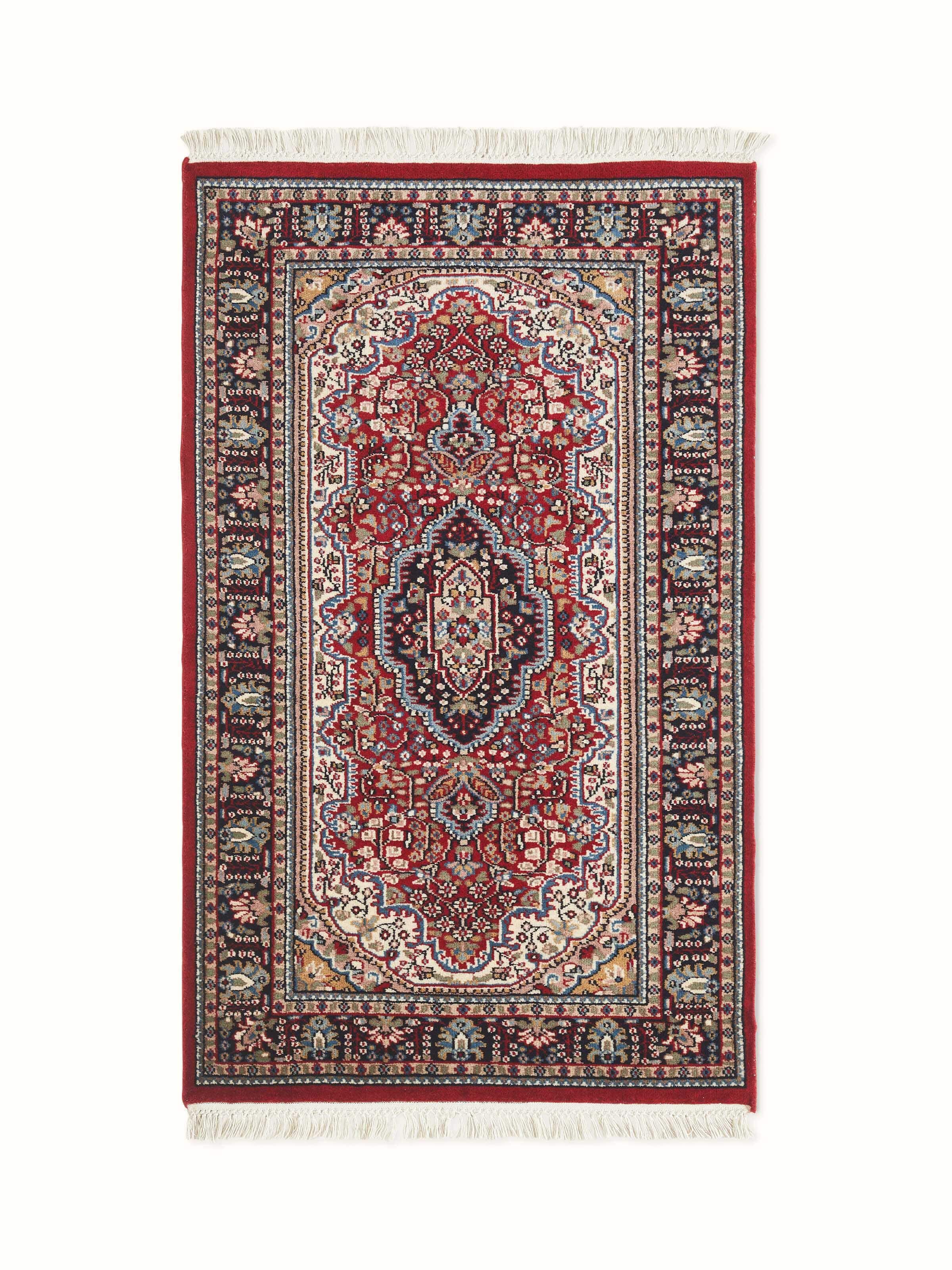 Front view of Persian red Oriental Gwalior wool hand-knotted carpet featuring detailed medallion and floral patterns.