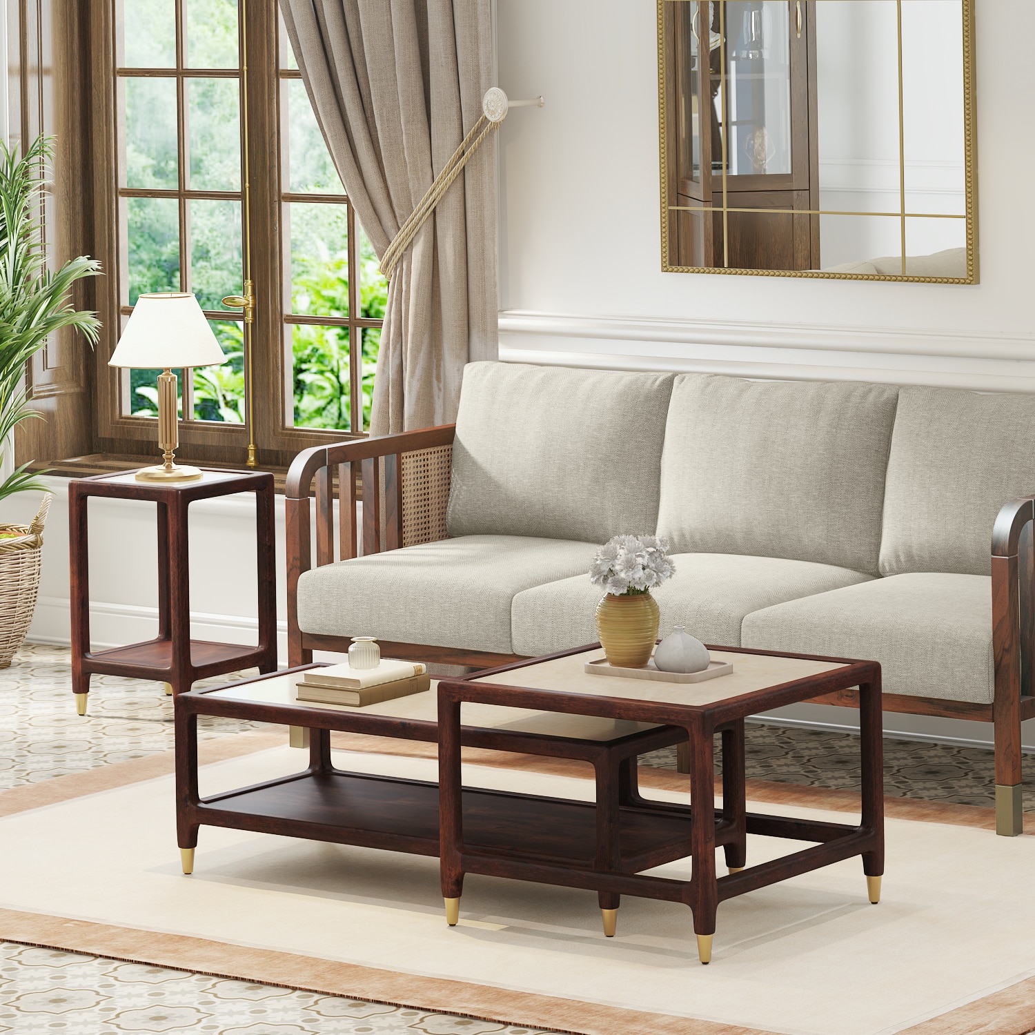 Sera Rectangular Marble and Square Marble Nested Coffee Table with Square Marble Side Table in Walnut Finish - Urban Ladder