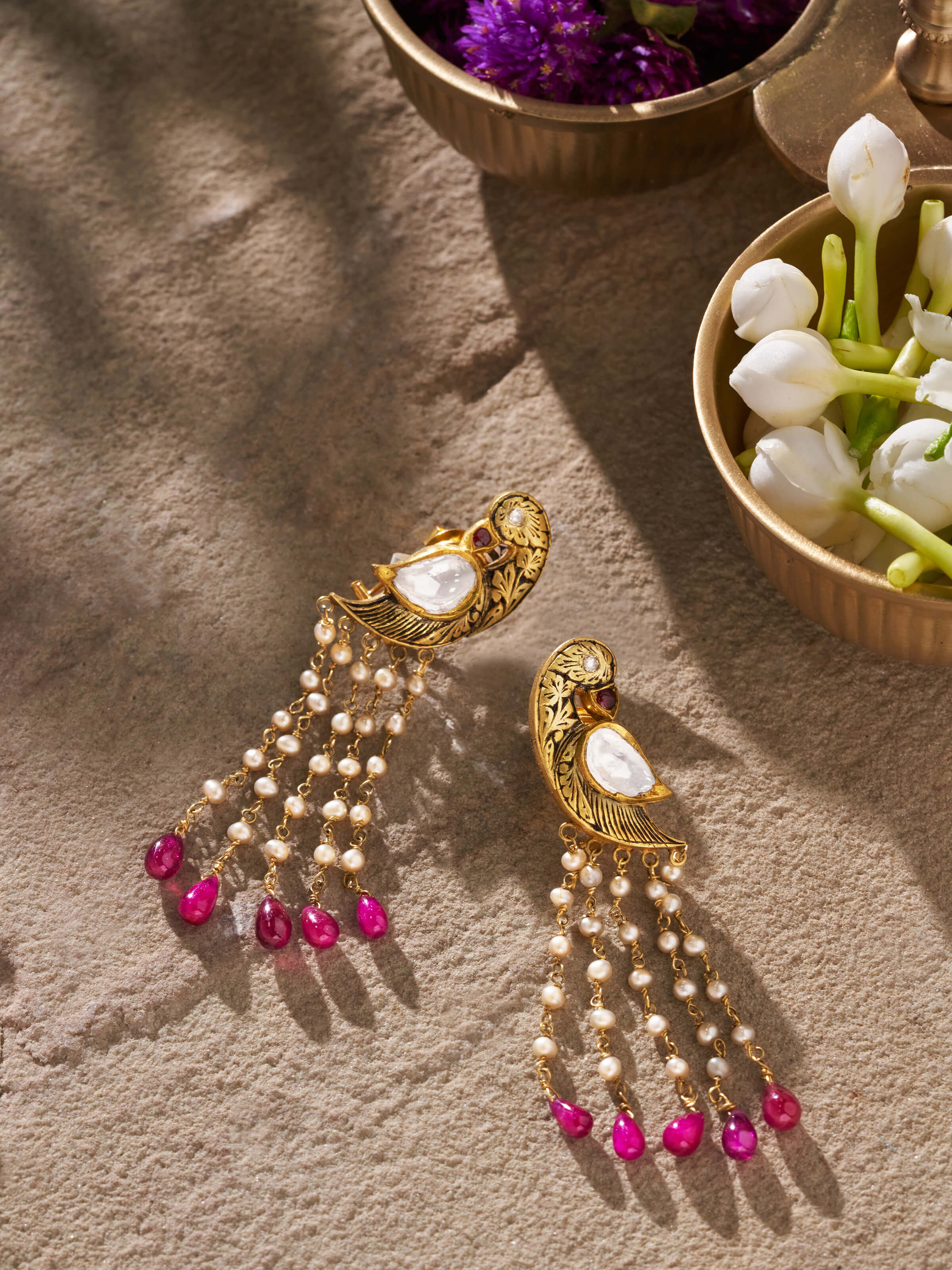 Close-up view of Partash 18 Karat Gold Drop Earrings featuring intricate detailing and high-quality gold.